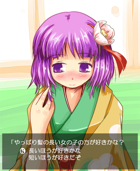 kanoe soushi, hieda no akyuu, touhou, translated, 1girl, bad anatomy, bad hands, blush, choice, fake screenshot, female focus, poorly drawn, ruffling hair, solo, visual novel