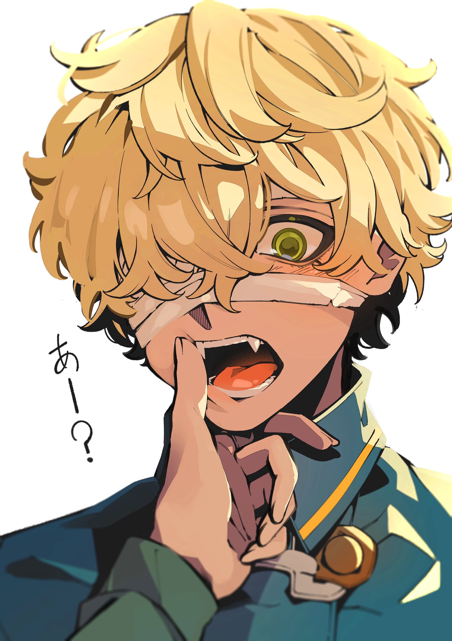 florian brand, identity v, highres, 2boys, bandage over one eye, blonde hair, blue jacket, crossed bangs, fangs, finger to mouth, fingernails, green eyes, jacket, light blush, long fingernails, looking down, male focus, multiple boys, no headwear, nppbzga12flkwzz, open mouth, richard sterling, wavy hair