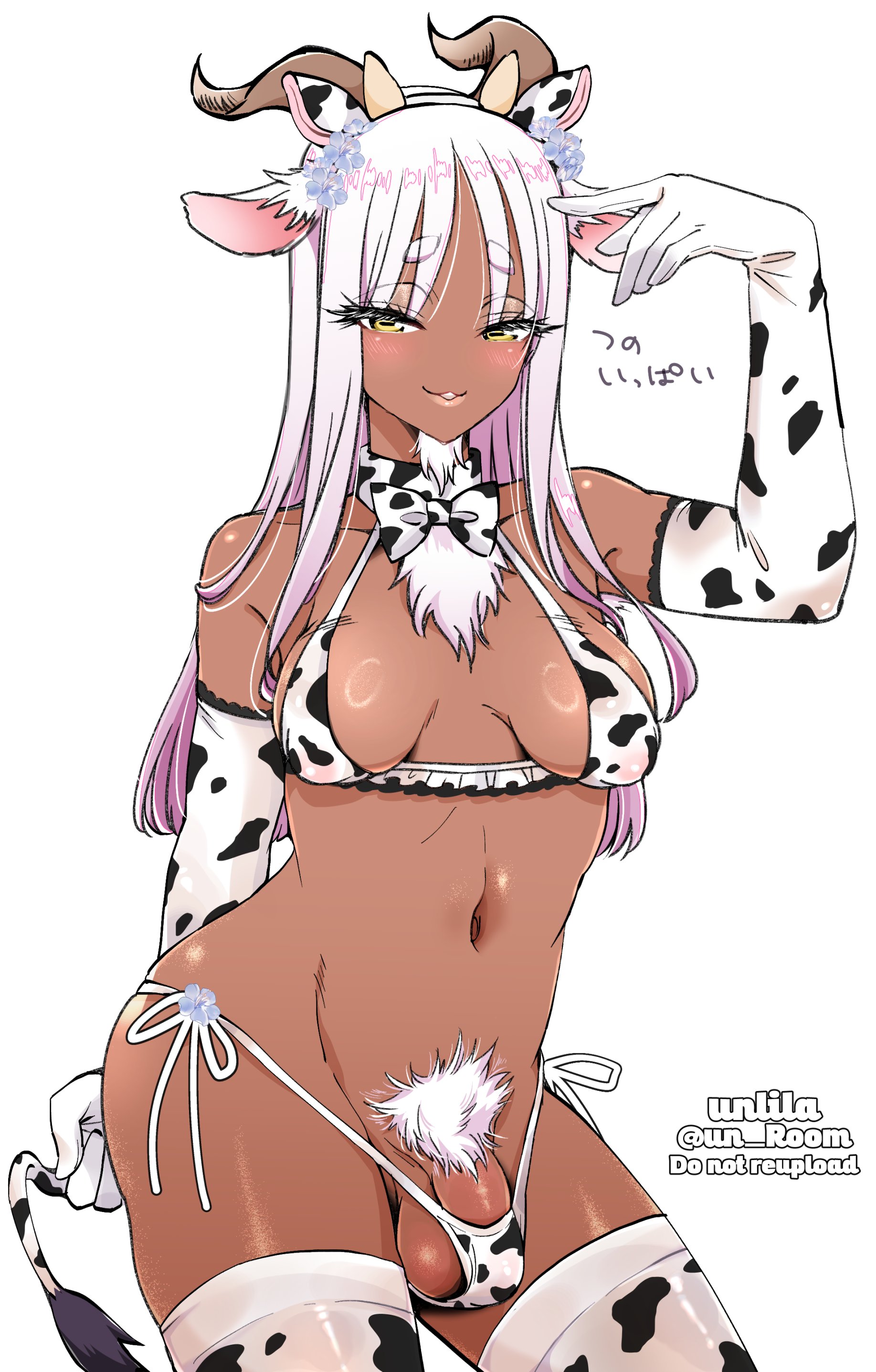 nagano rira, original, absurdres, highres, 1boy, :3, animal ears, animal print, arm up, beard, bikini, breasts, breasts apart, covered erect nipples, cow ears, cow horns, cow print, cow tail, dark skin, elbow gloves, facial hair, finger to head, frills, gloves, goat boy, goat ears, horizontal pupils, horns, light smile, long hair, looking at viewer, male pubic hair, male with breasts, navel, neck ribbon, pam (nagano rira), penis, penis peek, pink hair, pubic hair, ribbon, short eyebrows, side-tie bikini bottom, swimsuit, tail, testicle peek, testicles, thick eyebrows, thighhighs, trap, white background, white hair, yellow eyes