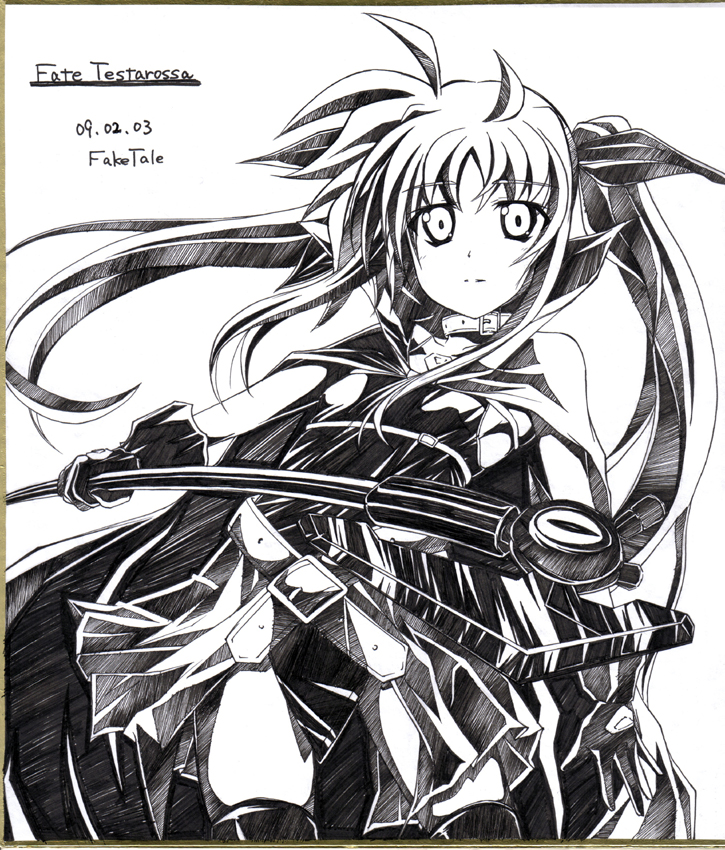 kunon, bardiche (device form) (nanoha), bardiche (nanoha), fate testarossa, fate testarossa (original form), lyrical nanoha, mahou shoujo lyrical nanoha, 00s, 1girl, ahoge, contrapposto, cowboy shot, dress, female focus, greyscale, looking at viewer, monochrome, solo, standing, twintails, wide-eyed