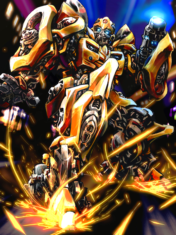 maro (bataasi), bumblebee (transformers), transformers, transformers (live action), arm cannon, autobot, blue eyes, chevrolet camaro, chevrolet camaro (5th generation), glowing, glowing eyes, humanoid robot, insignia, mecha, robot, science fiction, sparks, weapon