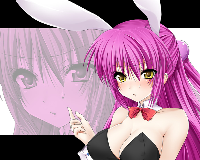 masayu, futaki kanata, little busters!, bad id, bad pixiv id, 1girl, :o, animal ears, bare shoulders, blush, bow, bowtie, breasts, choker, cleavage, embarrassed, fake animal ears, female focus, hair bobbles, hair ornament, half updo, large breasts, letterboxed, long hair, looking at viewer, playboy bunny, pointing, purple hair, rabbit ears, sideboob, solo, sweatdrop, upper body, wrist cuffs, yellow eyes, zoom layer