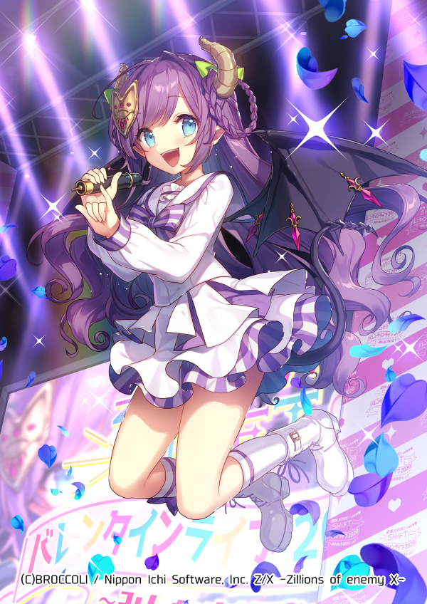 masaru.jp, z/x, official art, 1girl, aqua petals, blue eyes, blue petals, braid, braided hair rings, brown horns, copyright notice, demon girl, demon horns, demon tail, demon wings, frilled skirt, frills, hair ornament, hair rings, holding, holding microphone, horns, jumping, long hair, microphone, open mouth, purple hair, screen zoom, shirt, shoes, skirt, socks, solo, sparkle, stage, tail, teeth, ugly (z/x), upper teeth only, white shirt, white shoes, white socks, wings