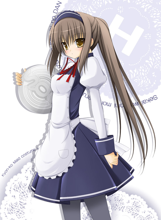 tomosuke, kyonko, suzumiya haruhi no yuuutsu, gender request, 00s, 1girl, female focus, genderswap, long hair, pantyhose, ponytail, solo, tray, very long hair, waitress