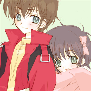 bernard sho, judau ashta, leina ashta, gundam, gundam zz, bad id, bad pixiv id, lowres, 1boy, 1girl, bow, brother and sister, brown hair, green eyes, hair bow, hetero, hug, short hair, siblings