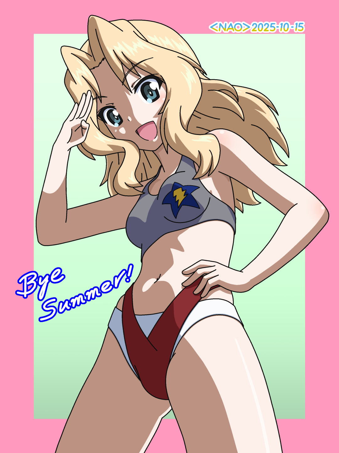 naotosi, kay (girls und panzer), girls und panzer, highres, 1girl, bikini, blonde hair, blue eyes, blush, breasts, dated, hand on own hip, long hair, military uniform, navel, open mouth, saunders military uniform, small breasts, smile, solo, swimsuit