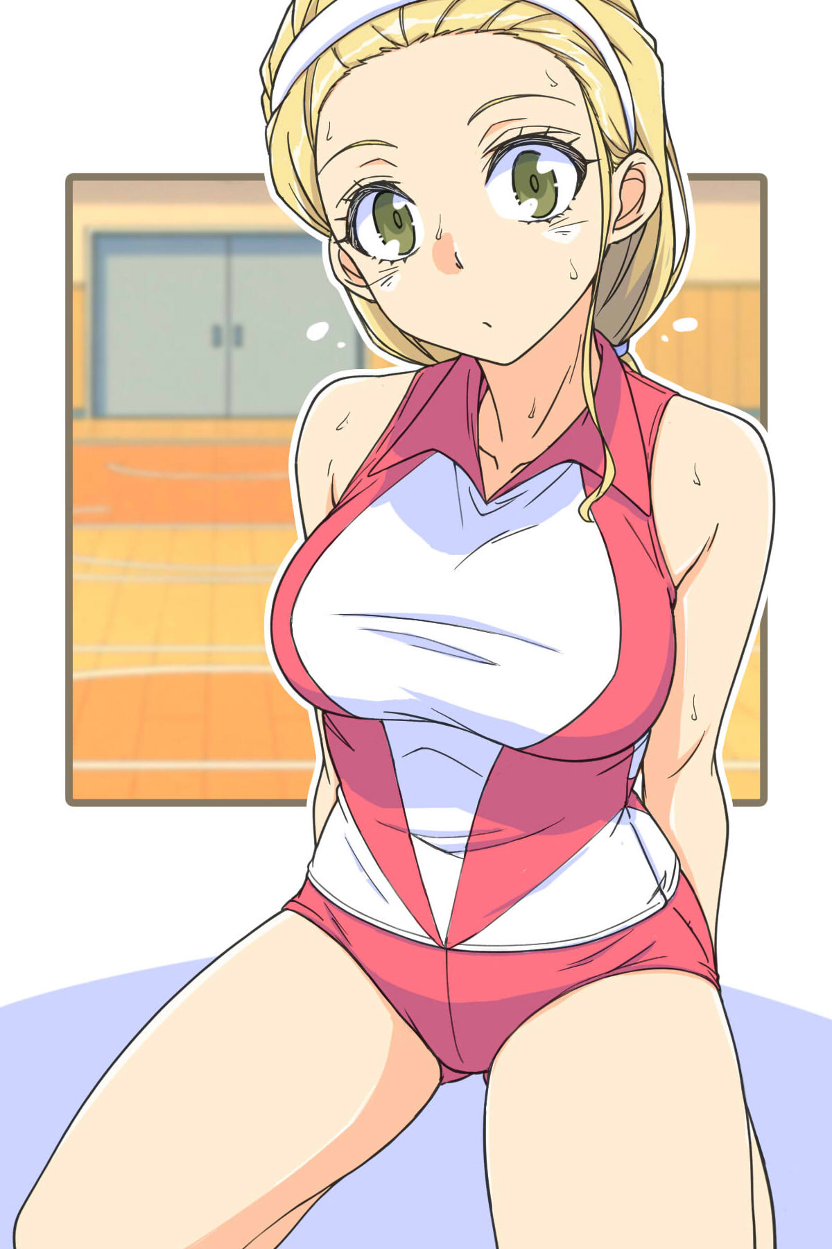 renshiu, sasaki akebi, girls und panzer, highres, 1girl, bare shoulders, blonde hair, blush, breasts, buruma, green eyes, indoors, large breasts, long hair, looking at viewer, red buruma, sleeveless, solo, sportswear, sweat, thighs, volleyball uniform