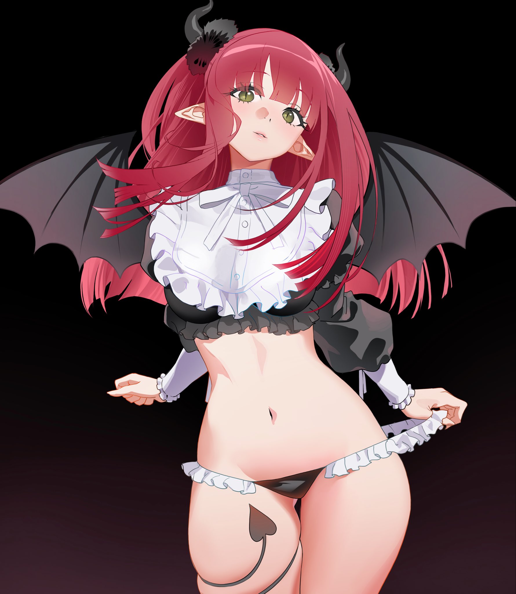 serpent (pepepp39), kitagawa marin, rizu-kyun, sono bisque doll wa koi wo suru, hashtag-only commentary, highres, 1girl, bib collar, black horns, black panties, black tail, black wings, bow, bowtie, breasts, cosplay, cowboy shot, crop top, demon girl, demon horns, demon tail, demon wings, floating hair, frilled panties, frills, gluteal fold, gradient background, green eyes, horns, large breasts, legs together, long hair, long sleeves, looking at viewer, navel, panties, pointy ears, red hair, rizu-kyun (cosplay), skindentation, slit pupils, solo, standing, tail, tail around own leg, tail wrap, thigh gap, underwear, white bow, white bowtie, wings
