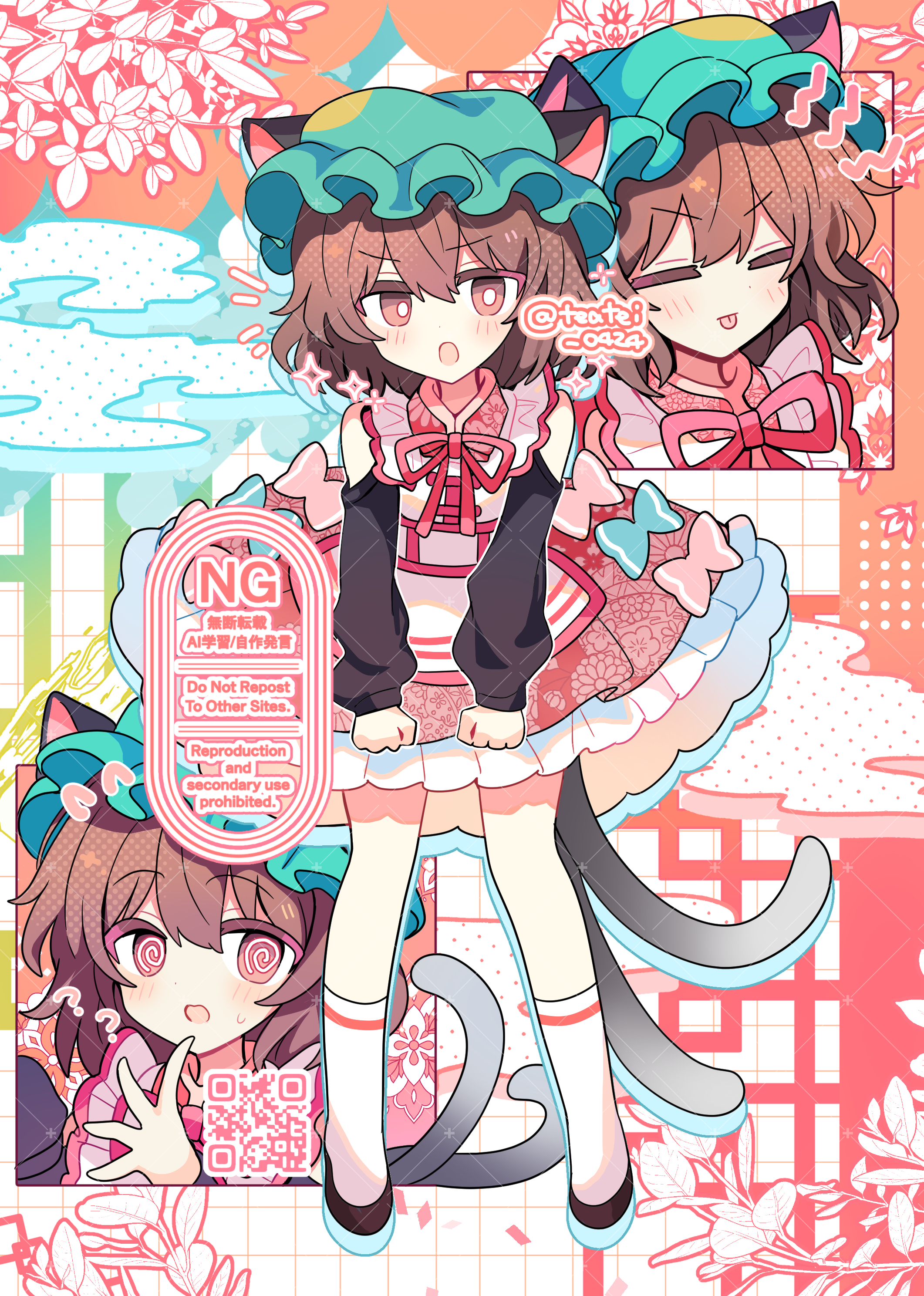 shirocha tei, chen, touhou, absurdres, commentary, highres, symbol-only commentary, 1girl, :o, ?, @ @, animal ears, black shoes, blush, bright pupils, brown eyes, brown hair, cat ears, cat tail, closed eyes, closed mouth, dress, frilled dress, frills, full body, green hat, hat, long sleeves, looking at viewer, mob cap, multiple tails, multiple views, neck ribbon, open mouth, qr code, red dress, red ribbon, ribbon, shoes, short hair, socks, standing, tail, tongue, tongue out, twitter username, two tails, v-shaped eyebrows, watermark, white pupils, white socks