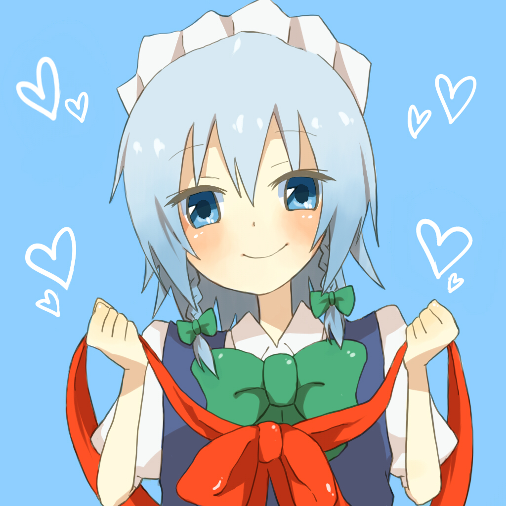 orange (artist), orange (bibiko), izayoi sakuya, touhou, silver hair, bad id, bad pixiv id, 1girl, blue eyes, braid, female focus, hairband, ribbon, short hair, solo, twin braids