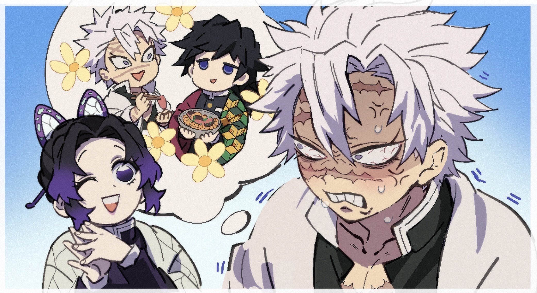 kochou shinobu, shinazugawa sanemi, tomioka giyuu, kimetsu no yaiba, commentary, english commentary, highres