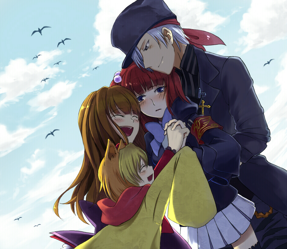 kamiture, amakusa juuza, mammon (umineko), sakutarou (umineko), stakes of purgatory, ushiromiya ange, umineko no naku koro ni, silver hair, 00s, 2boys, 2girls, animal ears, armband, bandana, bird, blue eyes, blush, bow, hair bobbles, hair ornament, hat, holding hands, hug, jacket, long hair, multiple boys, multiple girls, red hair, scarf, short hair, skirt