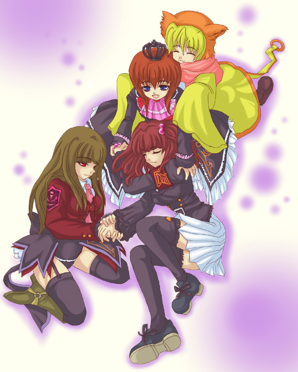 yoshiro (446), mammon (umineko), maria (umineko), sakutarou (umineko), stakes of purgatory, ushiromiya ange, umineko no naku koro ni, 00s, 1boy, 3girls, blonde hair, brown hair, child, crown, hair bobbles, hair ornament, multiple girls, red hair, skirt, thighhighs, zettai ryouiki