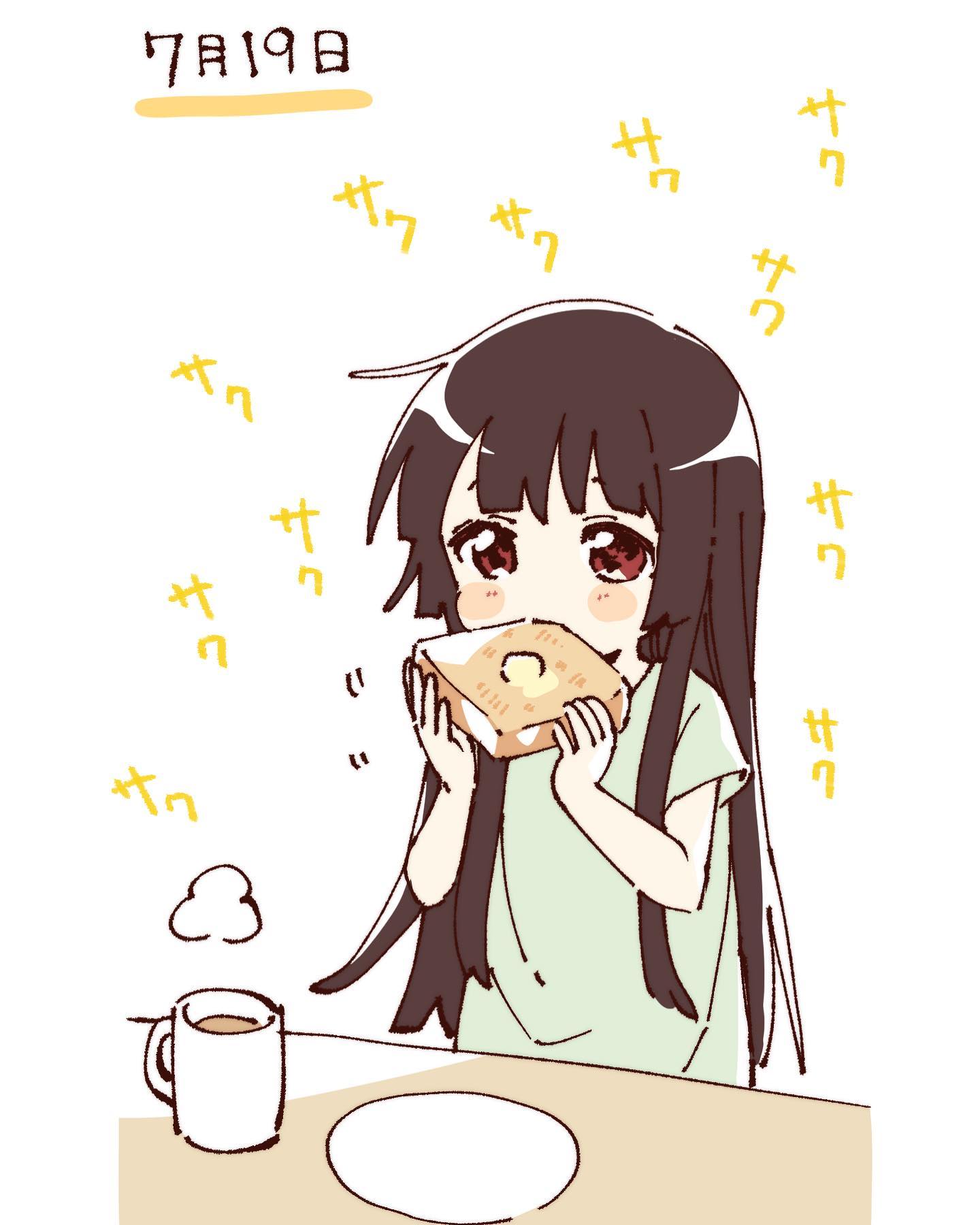 namori, matsumoto rise, yuruyuri, hashtag-only commentary, highres, 1girl, blush stickers, bread, bread slice, brown hair, cup, food, green shirt, holding, holding food, long hair, mug, plate, red eyes, shirt, short sleeves, simple background, solo, sound effects, toast, upper body, white background