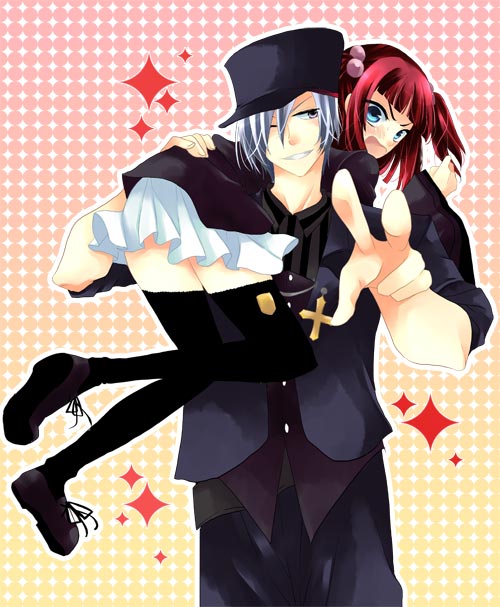 ico (pekoguest), amakusa juuza, ushiromiya ange, umineko no naku koro ni, silver hair, bad id, bad pixiv id, 00s, 1boy, 1girl, blue eyes, blush, carrying, carrying over shoulder, couple, hair bobbles, hair ornament, hetero, red hair, thighhighs, zettai ryouiki