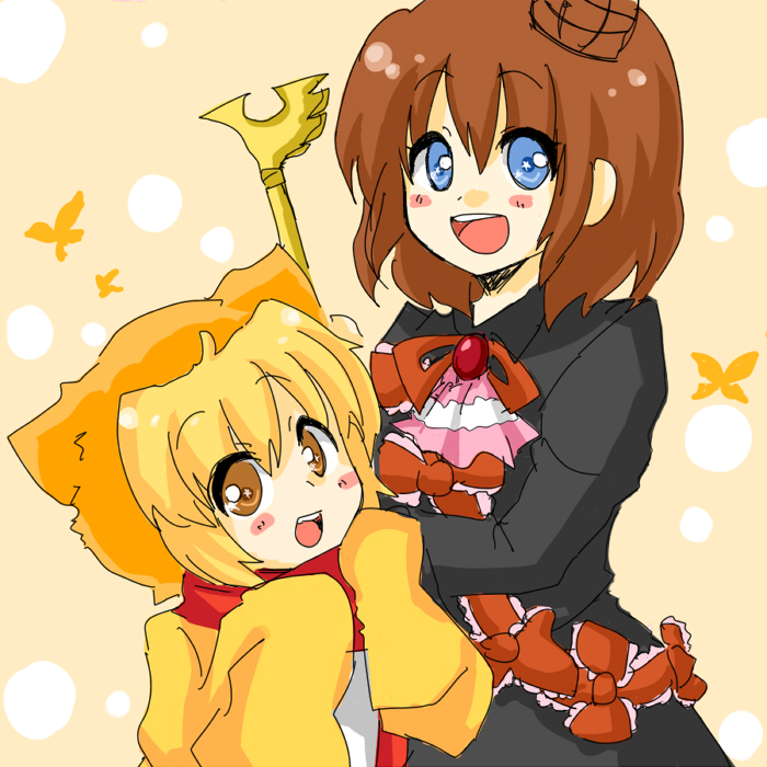 maria (umineko), sakutarou (umineko), umineko no naku koro ni, bad id, bad pixiv id, 00s, blonde hair, blue eyes, brown hair, bug, butterfly, child, crown, dress, insect, orange eyes, red hair, smile, staff