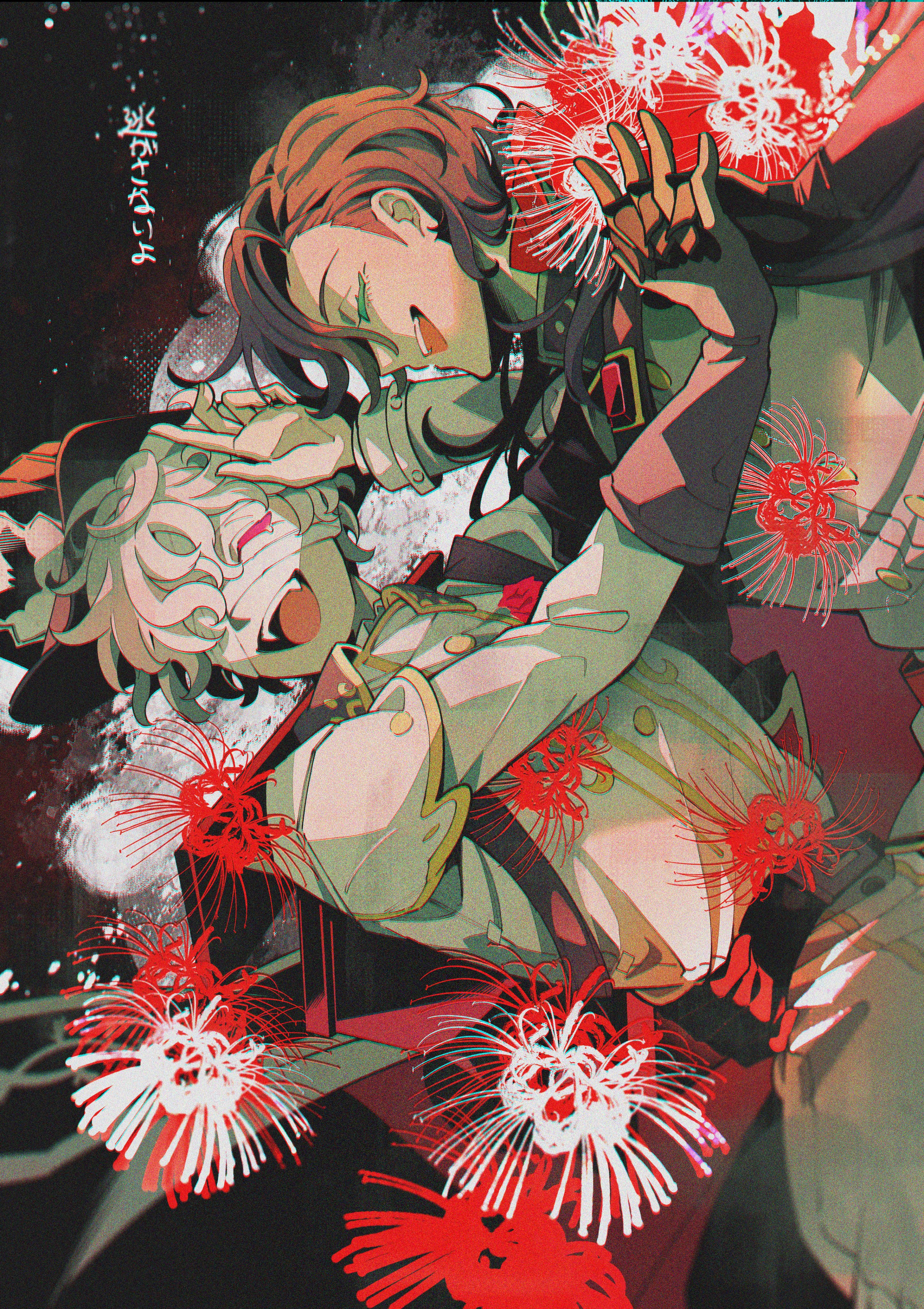 florian brand, identity v, absurdres, commentary request, highres, 2boys, :d, bandage over one eye, belt, black belt, black gloves, black hair, blonde hair, closed eyes, coat, dip (dance move), fangs, flower, gloves, grin, interlocked fingers, male focus, multiple boys, nppbzga12flkwzz, open mouth, pale skin, red flower, richard sterling, smile, spider lily, tearing up, wavy hair, white coat, white flower, white spider lily, yellow trim