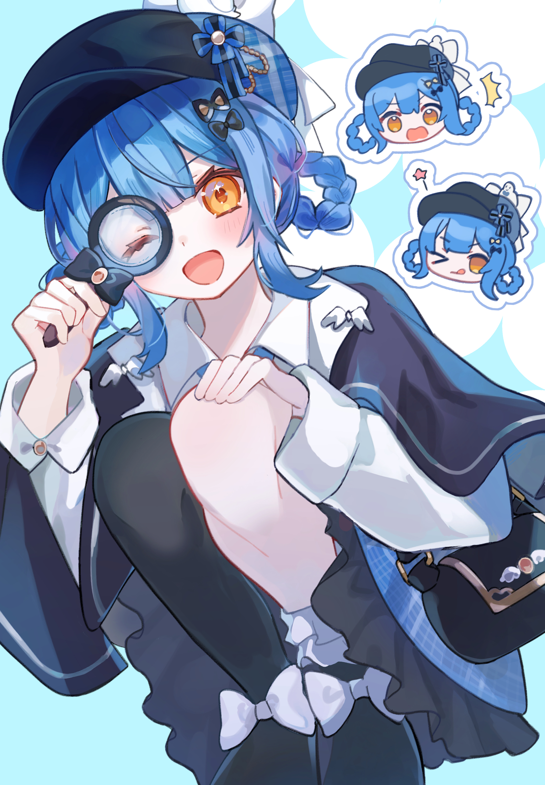 tachibana sherry, mahou shoujo no majo saiban, absurdres, commentary request, highres, > o, 1girl, ^^^, asymmetrical legwear, black capelet, black hat, black pantyhose, blue hair, blue skirt, braid, braided hair rings, capelet, chibi, chibi inset, deerstalker, detective, hair rings, hand on own leg, hat, hinomiya nayu, holding, holding magnifying glass, long sleeves, looking at viewer, magical girl, magnifying glass, one eye closed, open mouth, pantyhose, short hair, single leg pantyhose, skirt, smile, solo, squatting, star (symbol), yellow eyes