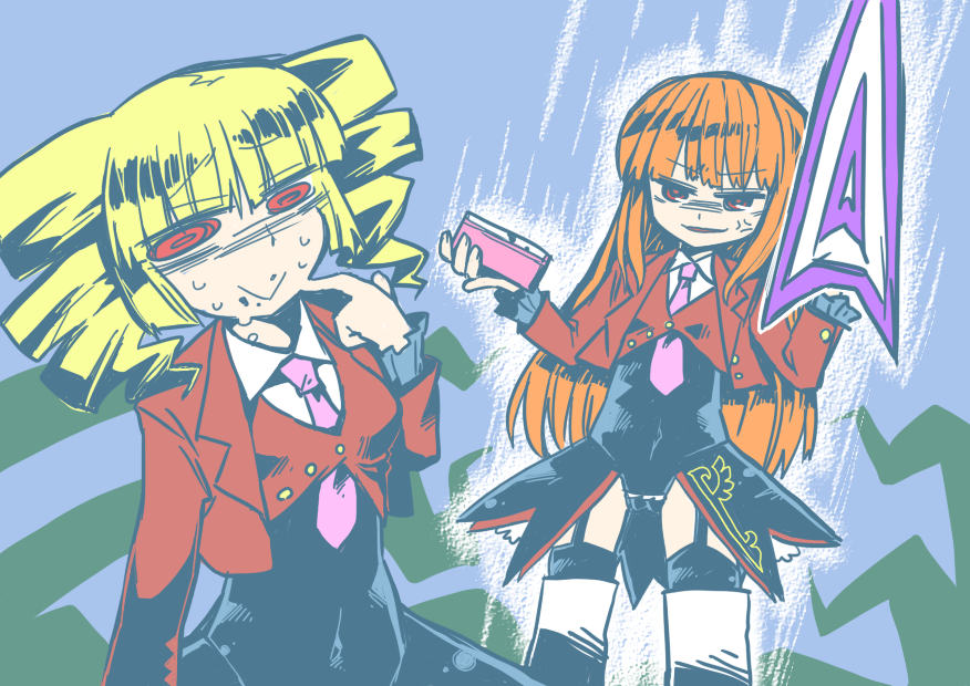 etori, beelzebub (umineko), mammon (umineko), stakes of purgatory, umineko no naku koro ni, 00s, 2girls, angry, blonde hair, brown hair, drill hair, long hair, multiple girls, necktie, pink necktie, red eyes, sword, thighhighs, weapon