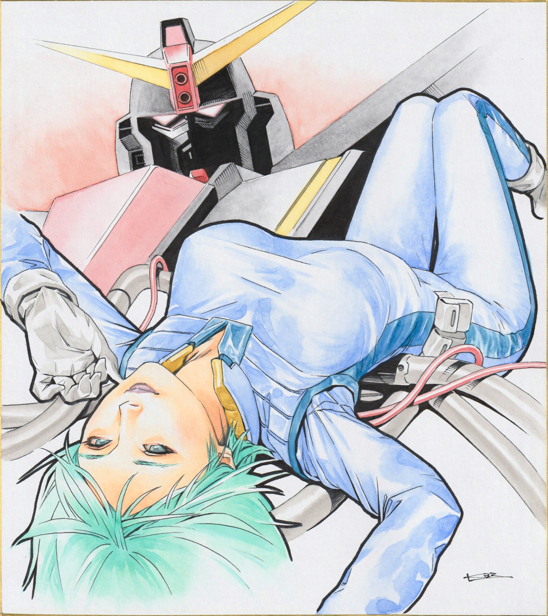 ikeda kazuhiro, four murasame, psycho gundam, gundam, zeta gundam, commentary, highres, 1girl, aqua hair, blue bodysuit, bodysuit, breasts, cable, closed mouth, gloves, knees up, large breasts, light smile, looking at viewer, lying, mecha, mecha pilot suit, mobile suit, normal suit (gundam), on back, red eyes, robot, science fiction, signature, skin tight, spacesuit, tube, white gloves
