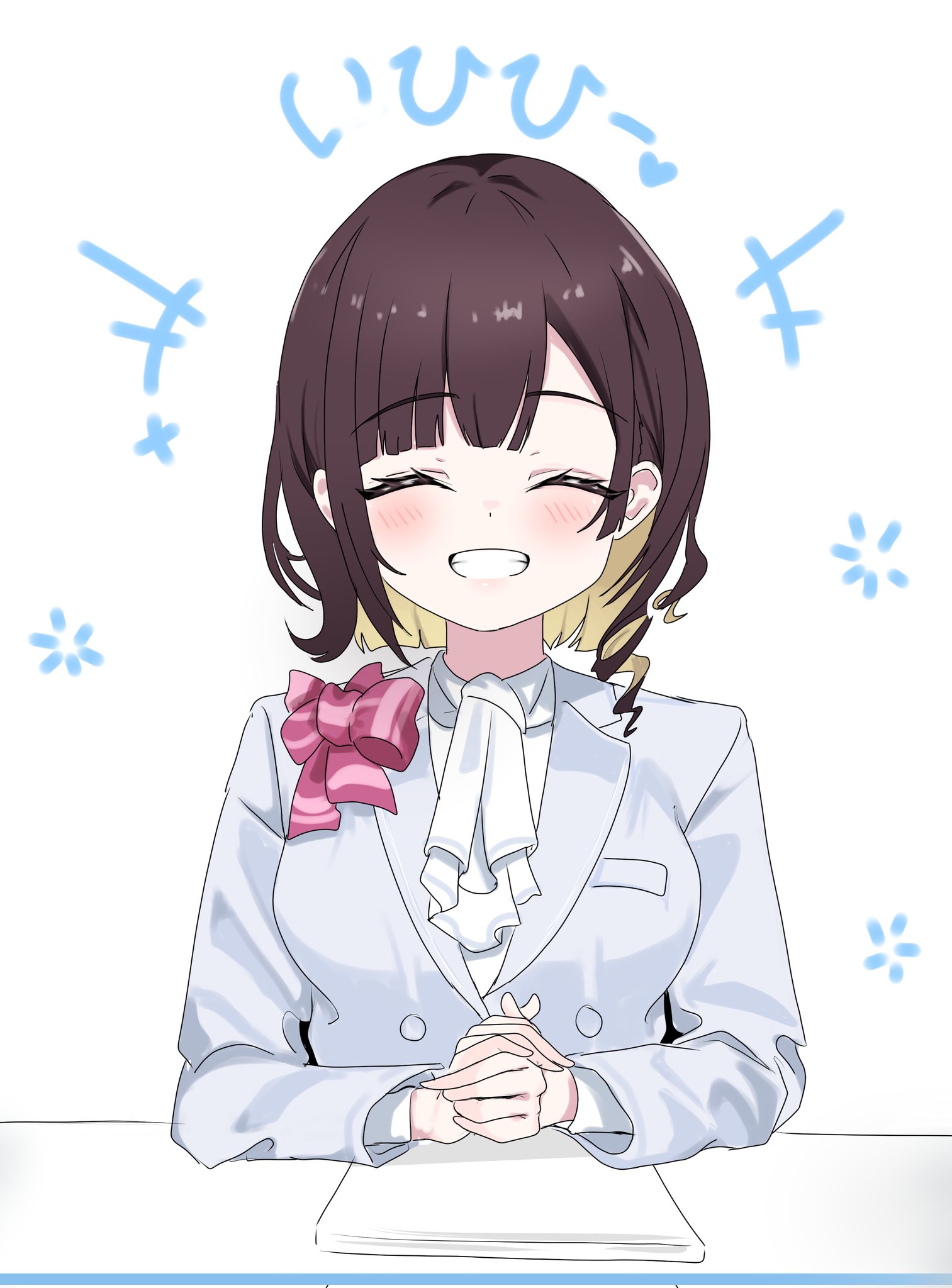 cafelittle, hololive, commentary, highres, translated, 1girl, ascot, asymmetrical hair, blonde hair, blush, bow, breasts, brown hair, closed eyes, colored inner hair, drill hair, facing viewer, formal clothes, grin, happy, izuki michiru, jacket, lapels, laughing, long sleeves, medium breasts, multicolored hair, notched lapels, own hands together, paper, pink bow, purple bow, shirt, short hair, side drill, simple background, single drill, smile, solo, striped bow, suit, two-tone bow, two-tone hair, upper body, virtual youtuber, white ascot, white background, white jacket, white shirt