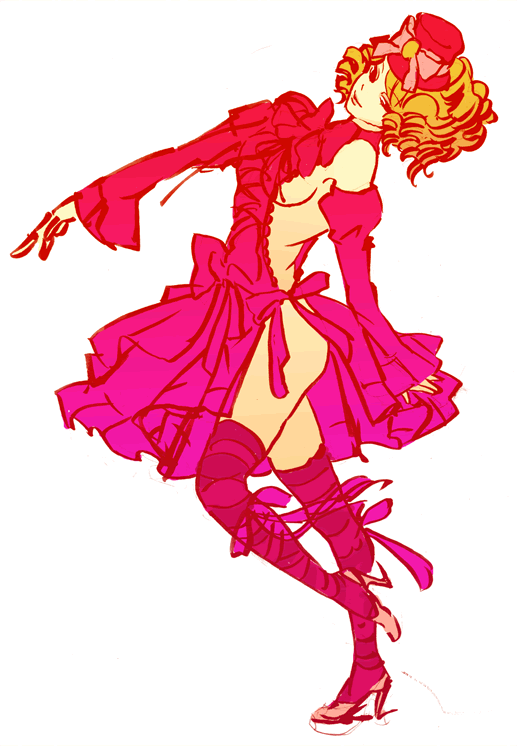 hiyori sensha, gaap (umineko), umineko no naku koro ni, 00s, 1girl, blonde hair, blue eyes, bow, breasts, curly hair, dress, drill hair, female focus, frills, hat, high heels, mini hat, mini top hat, pink bow, pink theme, ribbon, ringlets, shoes, sideboob, solo, top hat, twintails