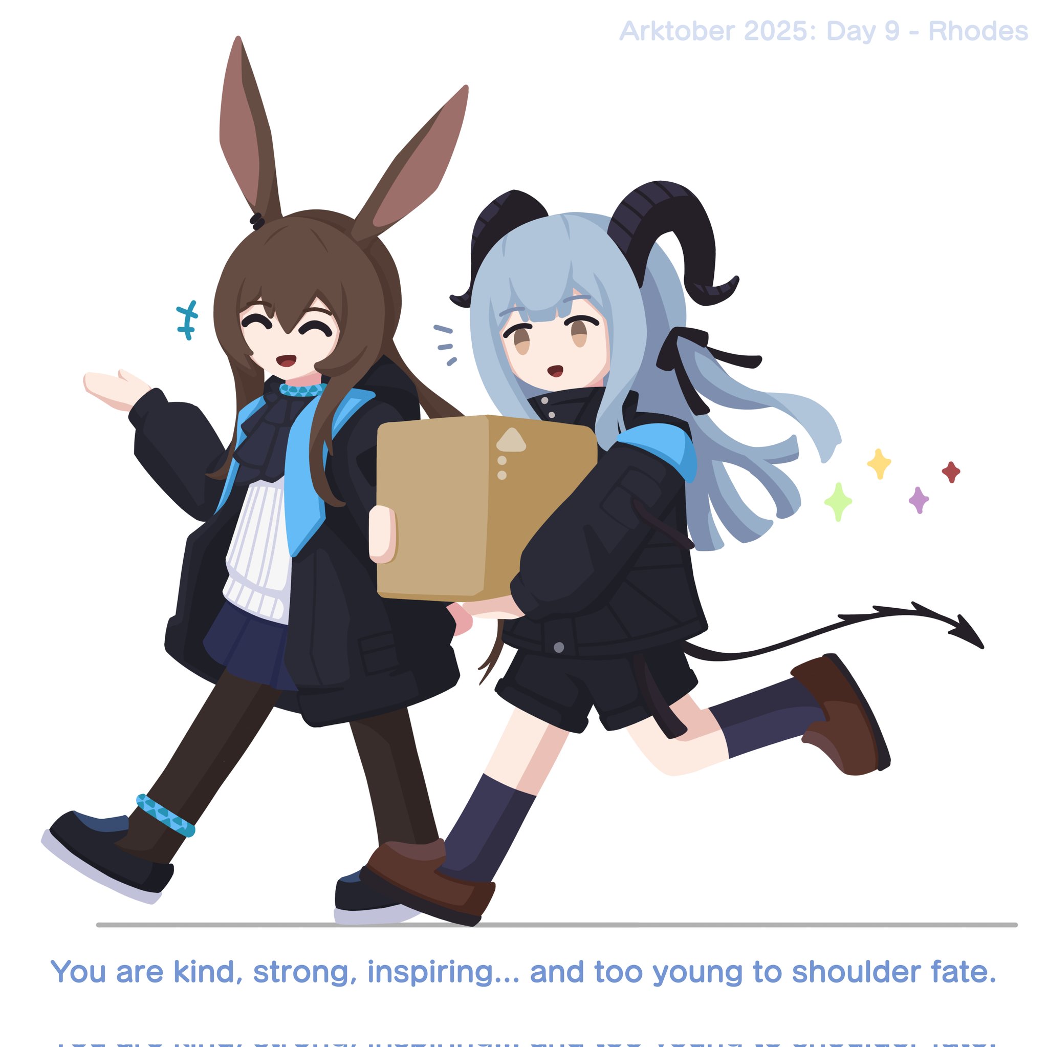 gribberoni, amiya (arknights), togawa sakiko, arknights, bang dream!, bang dream! it's mygo!!!!!, commentary, english commentary, highres, 2girls, animal ears, ascot, black jacket, black ribbon, black shorts, blue ascot, blue collar, blue hair, blue skirt, blue socks, box, brown hair, brown shoes, closed eyes, collar, demon tail, english text, full body, grey eyes, hair between eyes, hair ribbon, holding, holding box, hood, hooded jacket, horns, jacket, loafers, long hair, long sleeves, multiple girls, official alternate costume, open clothes, open mouth, pantyhose, pleated skirt, ponytail, rabbit ears, rabbit girl, ribbon, running, shirt, shoes, shorts, sidelocks, simple background, skirt, smile, socks, star (symbol), tail, walking, white background, white shirt