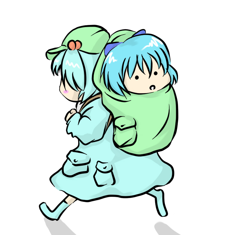 magic tambourin, omiya (louise-louis-lucille), cirno, kawashiro nitori, touhou, 2girls, backpack travel, bag, carrying, female focus, hair bobbles, hair ornament, in bag, in container, multiple girls, piggyback, take it home, two side up