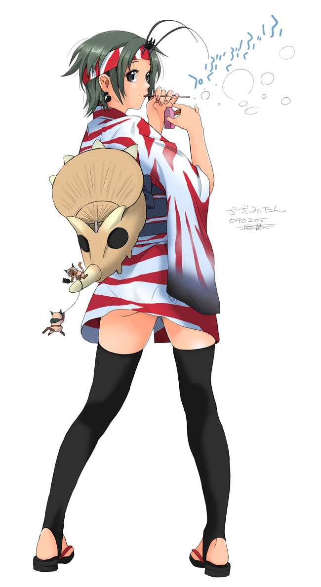 ryouzou, daimyo hermitaur, felyne, capcom, monster hunter (series), ass, back, earrings, green hair, headband, japanese clothes, jewelry, kimono, nail polish, personification, sandals, short hair, simple background, solo, thighhighs, yukata