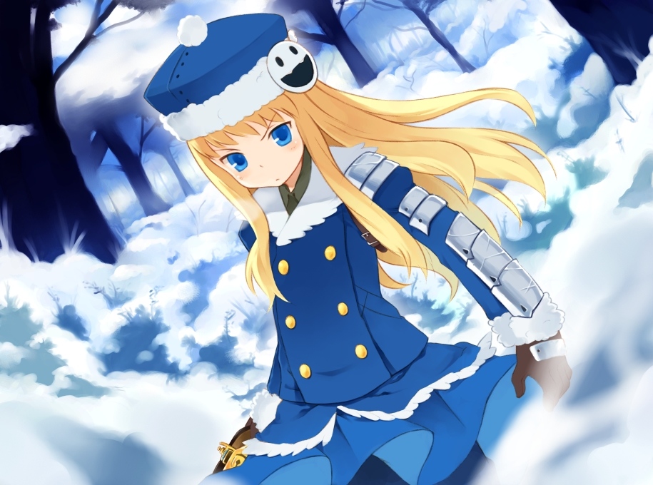 kurasuke, gunner (sekaiju), gunner 2 (sekaiju), jack frost (megami tensei), atlus, etrian odyssey, 1girl, armor, blonde hair, blue eyes, blush, female focus, hat, long hair, snow, solo