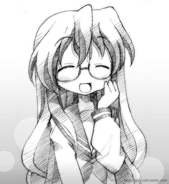 gofu, takara miyuki, lucky star, traditional media, 00s, closed eyes, glasses, greyscale, monochrome, school uniform, serafuku, sketch, solo