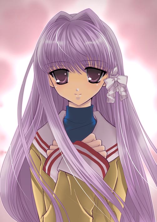 sakasaka, fujibayashi kyou, clannad, bad id, bad pixiv id, 00s, long hair, purple eyes, purple hair, school uniform, solo