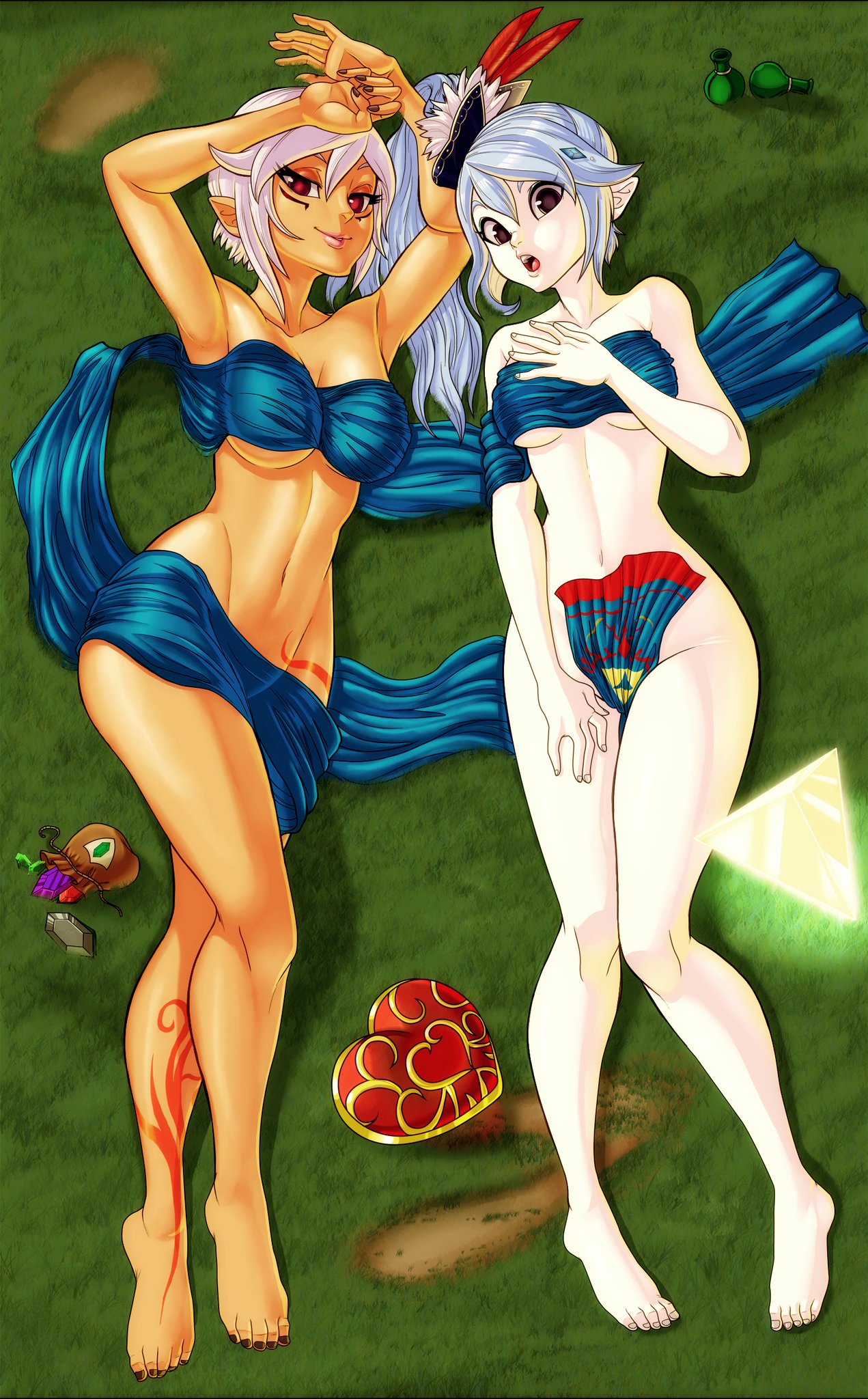 teevo, cia (hyrule warriors), lana (hyrule warriors), hyrule warriors, nintendo, the legend of zelda, 2girls, arms up, blue eyes, blue hair, body markings, breasts, cleft of venus, dark-skinned female, dark skin, feathers, feet, functionally nude, grass, hair ornament, hand on own chest, heart, heart container, long hair, looking at viewer, lying, midriff, multiple girls, navel, on back, open mouth, outdoors, pointy ears, red eyes, rupee (zelda), scarf, short hair, triforce, underboob, white hair