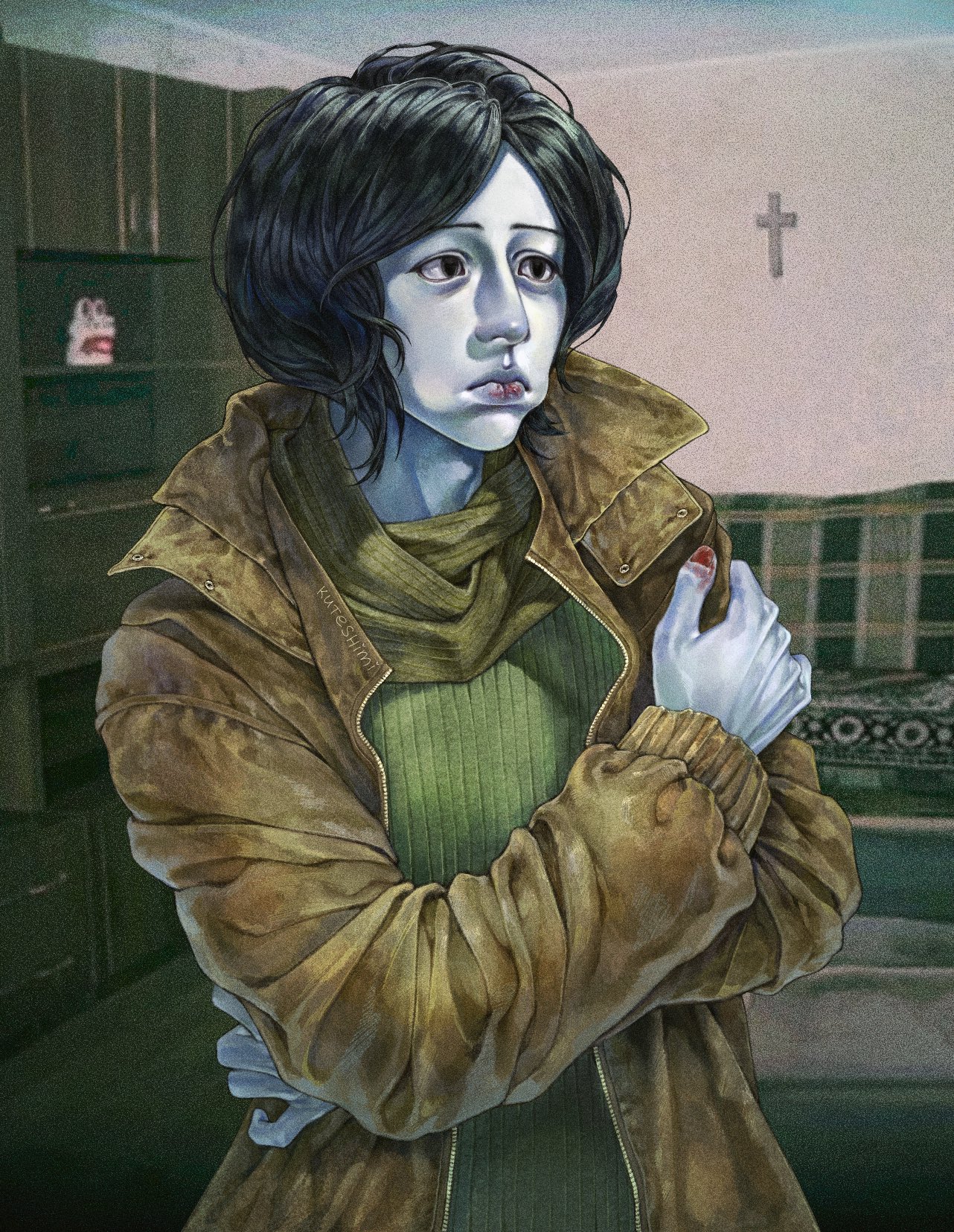 coat guy (no i'm not a human), no i'm not a human, highres, 1boy, black eyes, black hair, blue skin, brown coat, coat, collared coat, colored skin, couch, cross, green scarf, indoors, injury, kuteshimi, male focus, medium hair, scarf, self hug, upper body