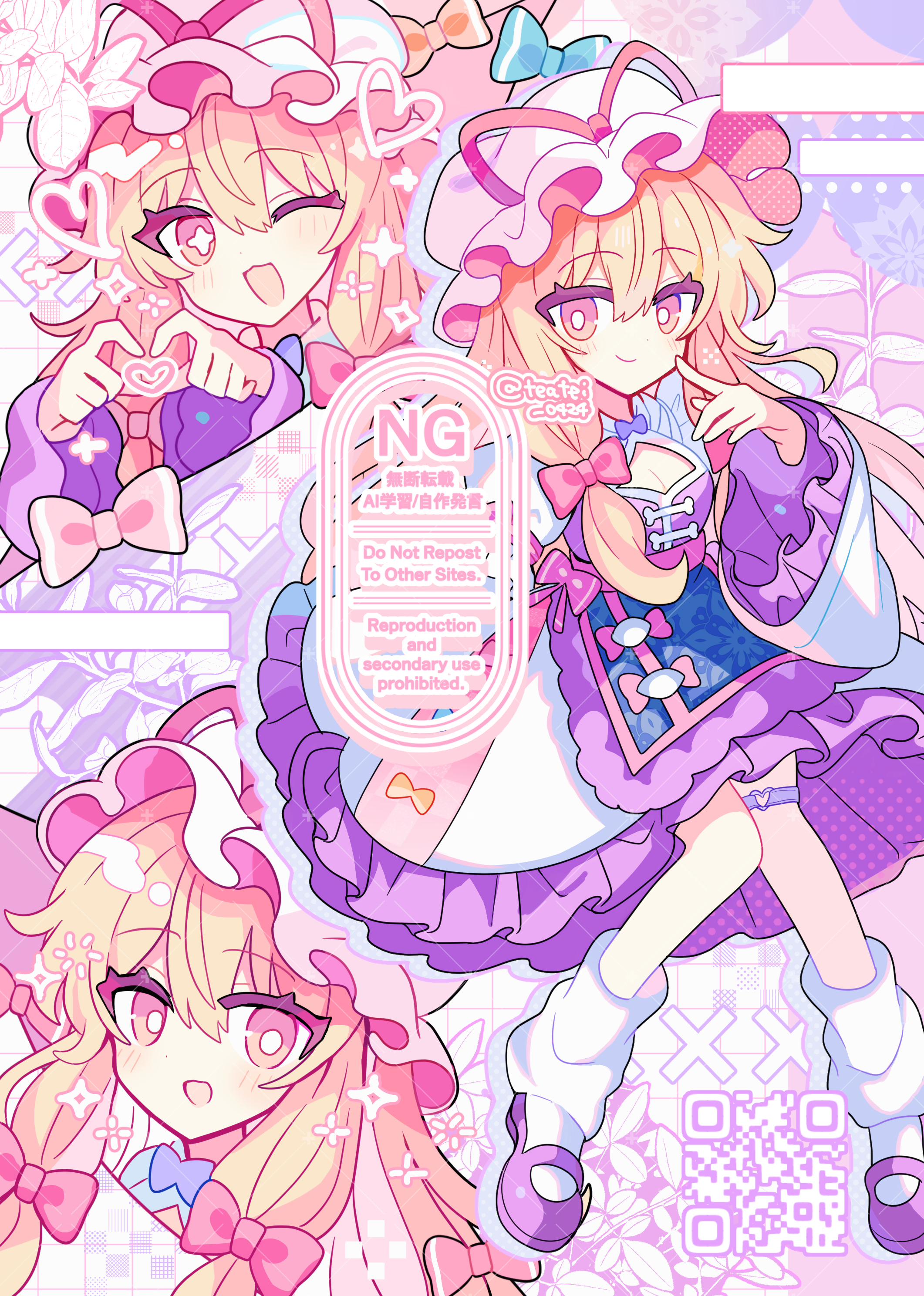 shirocha tei, yakumo yukari, touhou, absurdres, commentary, highres, symbol-only commentary, 1girl, :d, ;d, blonde hair, blue tabard, blush, bow, breasts, bright pupils, cleavage, cleavage cutout, closed mouth, clothing cutout, dress, frilled dress, frilled sleeves, frills, full body, hair between eyes, hair bow, hand up, hat, hat ribbon, heart, heart hands, index finger raised, long hair, long sleeves, looking at viewer, mob cap, multiple views, one eye closed, open mouth, purple dress, purple shoes, qr code, red bow, red ribbon, ribbon, shoes, smile, socks, sparkle, standing, tabard, twitter username, watermark, white hat, white pupils, white socks, wide sleeves, yellow eyes