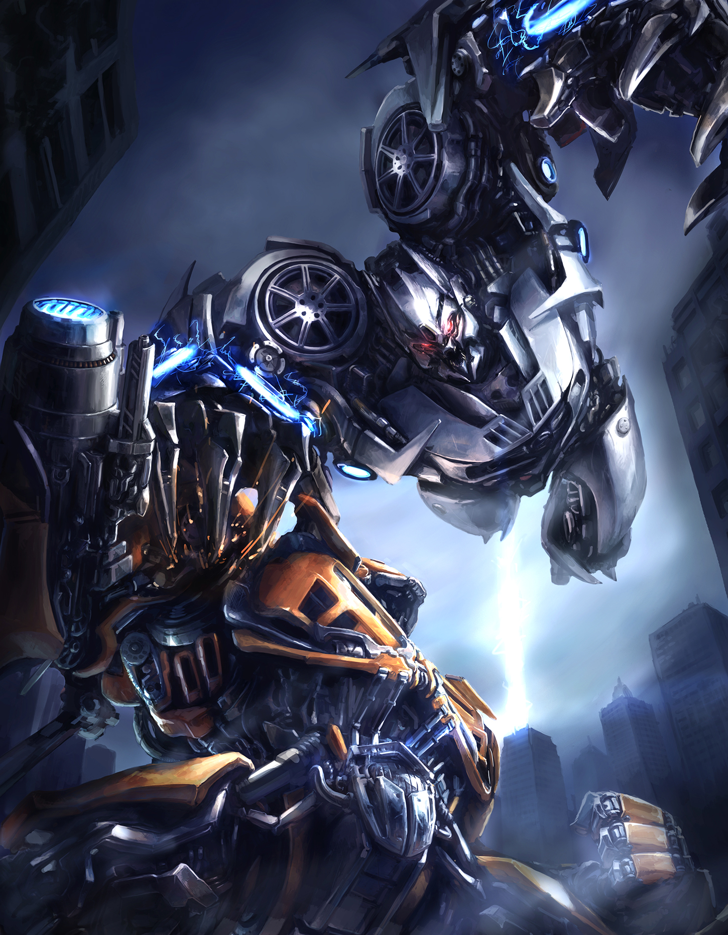 tory youf, bumblebee (transformers), soundwave (transformers), transformers, transformers: dark of the moon, transformers (live action), highres, arm cannon, battle, city, glowing, glowing eyes, humanoid robot, mecha, red eyes, robot, science fiction, weapon, wheel