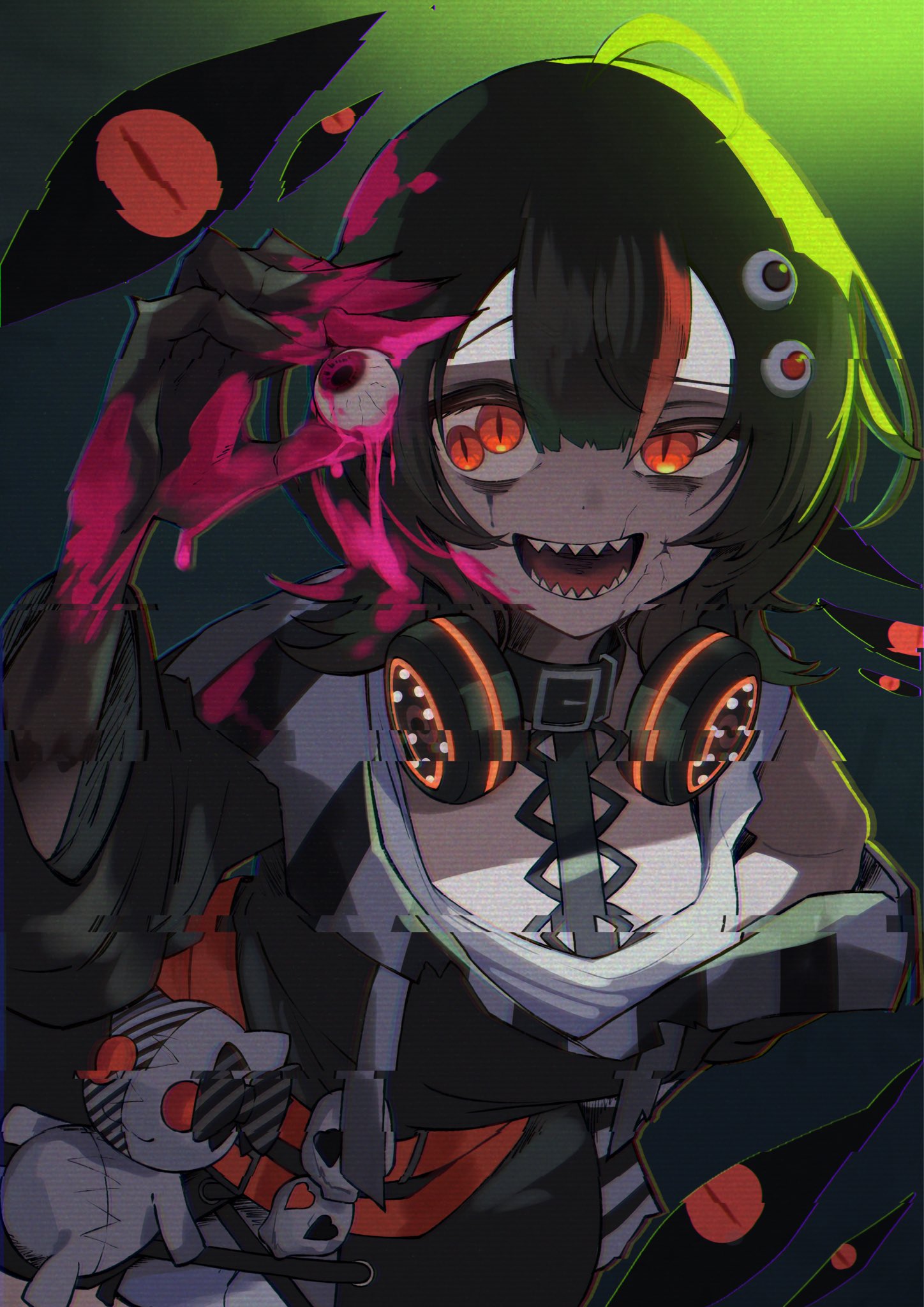 sawatari coco, mahou shoujo no majo saiban, highres, spoilers, 1girl, akebi (akebig117), black hair, black sweater, claws, colored extremities, cracked skin, crazy eyes, crazy smile, dark persona, disembodied eye, extra pupils, glitch, glowing, hand up, headphones, headphones around neck, holding eyeball, long sleeves, looking at viewer, mismatched pupils, multicolored hair, open mouth, orange eyes, sharp teeth, short hair, sidelighting, slit pupils, smile, solo, stuffed animal, stuffed cat, stuffed toy, sweater, teeth, uneven eyes