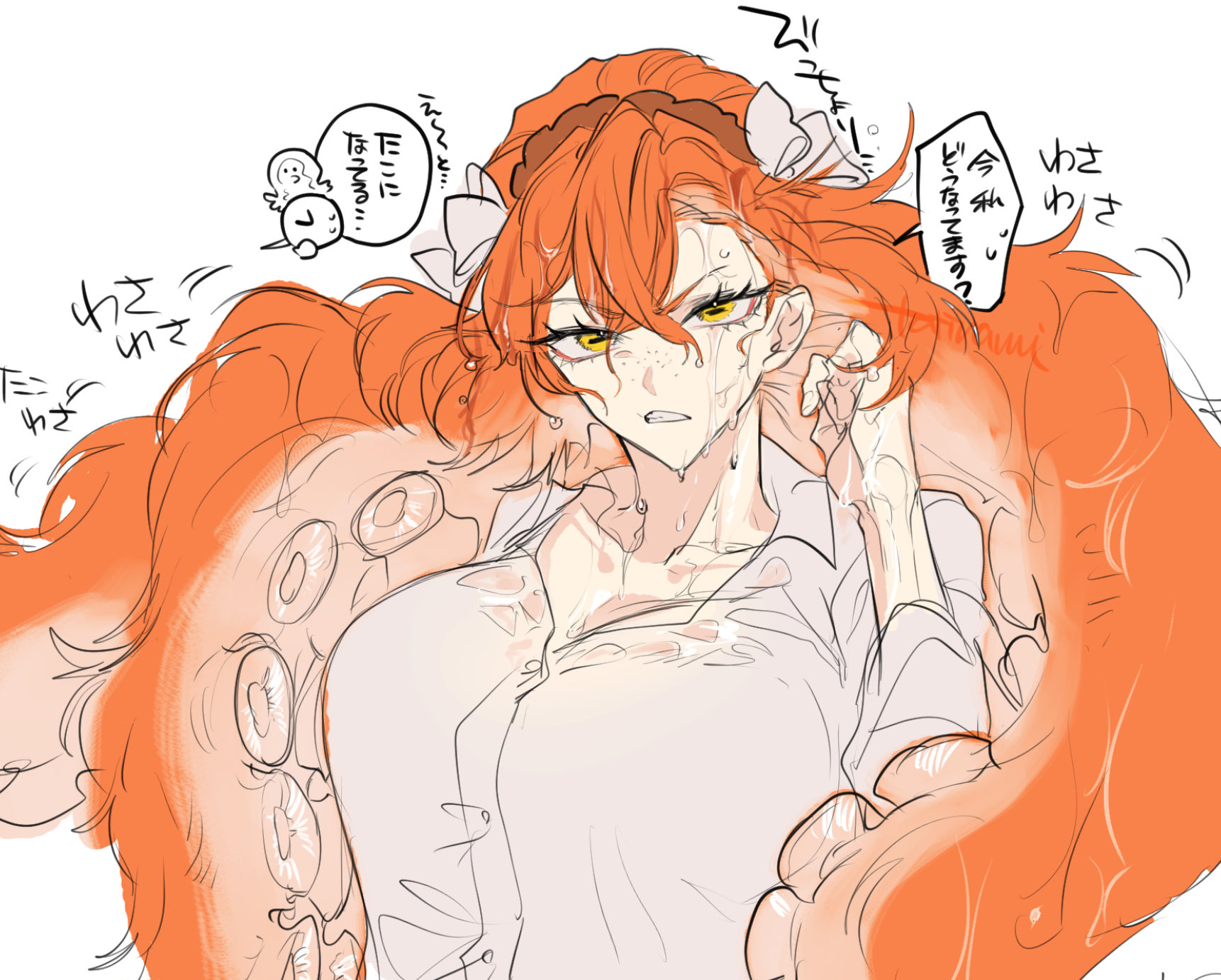 tatsunami, dante (limbus company), ishmael (project moon), limbus company, project moon, commentary request, highres, translation request, 1girl, bow, breasts, brown hairband, cephalopod eyes, clenched teeth, collarbone, collared shirt, freckles, hair bow, hairband, large breasts, long hair, long sleeves, looking at viewer, monster girl, orange hair, scylla, shirt, simple background, solo, speech bubble, teeth, tentacle hair, very long hair, wet, wet clothes, wet shirt, white background, white bow, white shirt