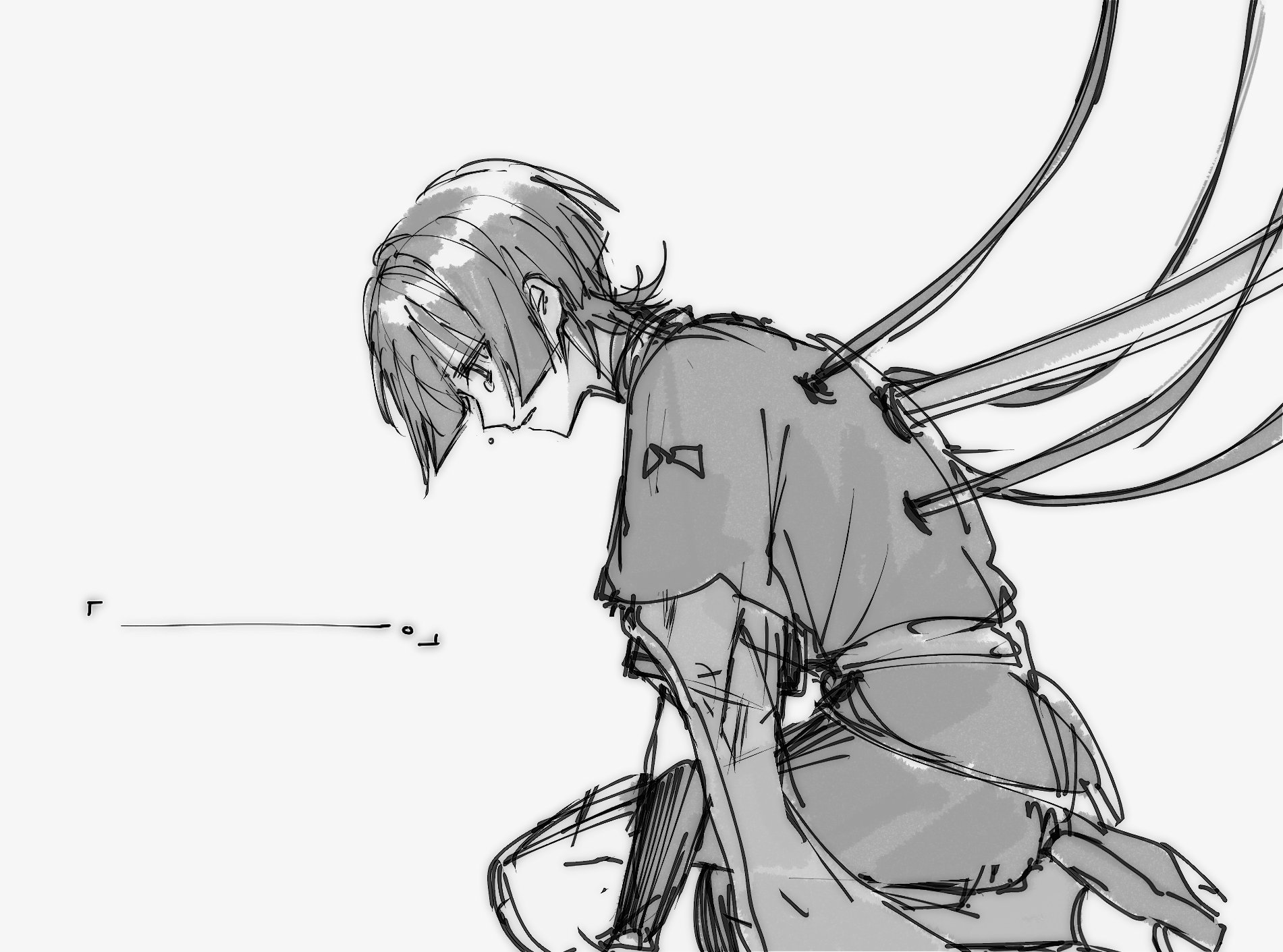 ego (ego inp), scaramouche (genshin impact), genshin impact, highres, 1boy, armor, blunt ends, cable, crying, crying with eyes open, from side, furisode, greyscale, hand on ground, head down, japanese armor, japanese clothes, kimono, kote, layered sleeves, looking down, male focus, monochrome, parted lips, profile, sandals, sash, seiza, short sleeves, sitting, sketch, solo, tears, toeless legwear, white background, zouri