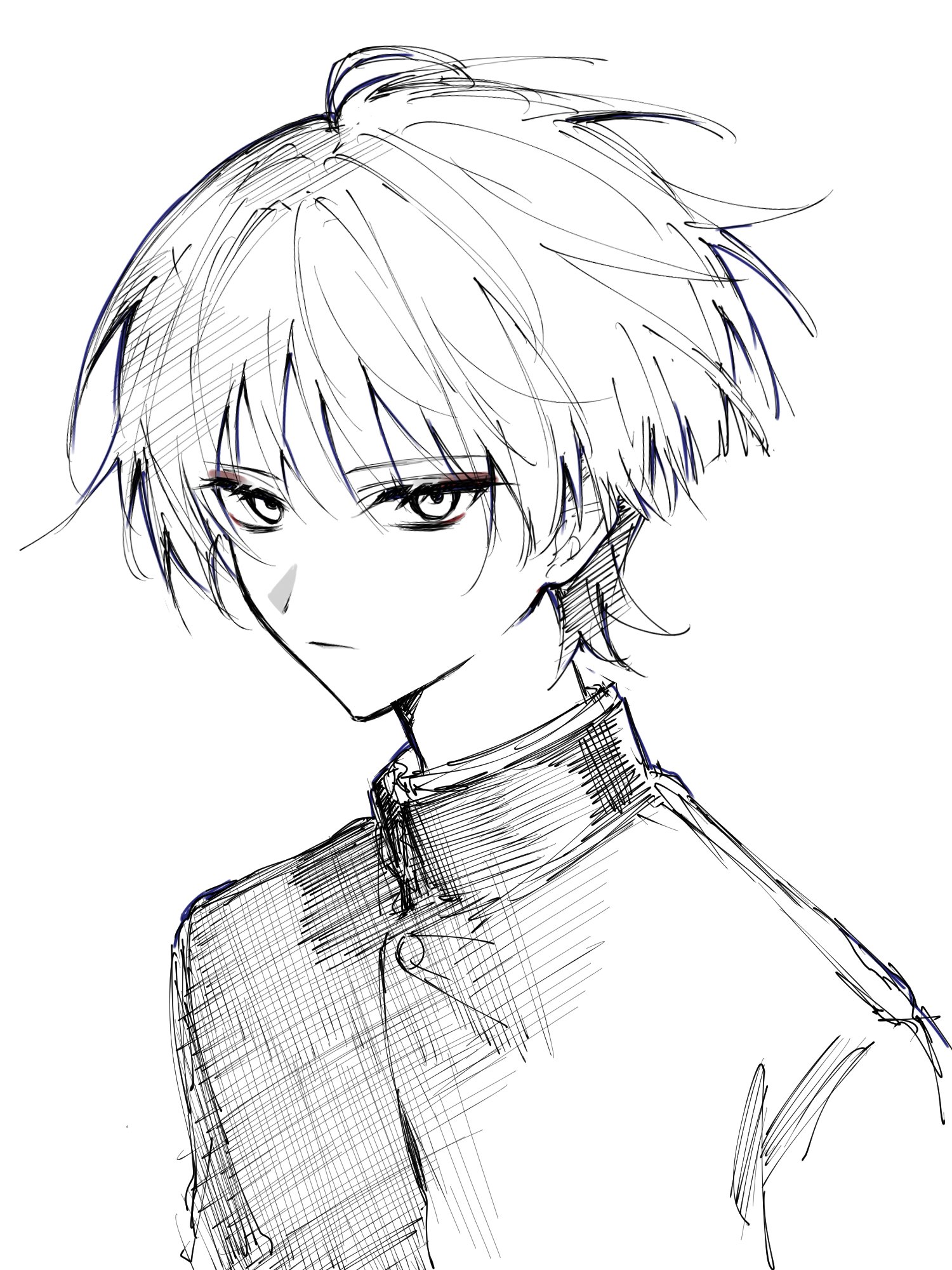 ego (ego inp), scaramouche (genshin impact), genshin impact, highres, 1boy, alternate costume, arms at sides, blunt ends, closed mouth, contemporary, crosshatching, eyelashes, eyeliner, eyeshadow, gakuran, greyscale, hatching (texture), jacket, looking at viewer, makeup, male focus, monochrome, portrait, red eyeliner, red eyeshadow, school uniform, solo, spot color, tsurime, white background, wispy bangs