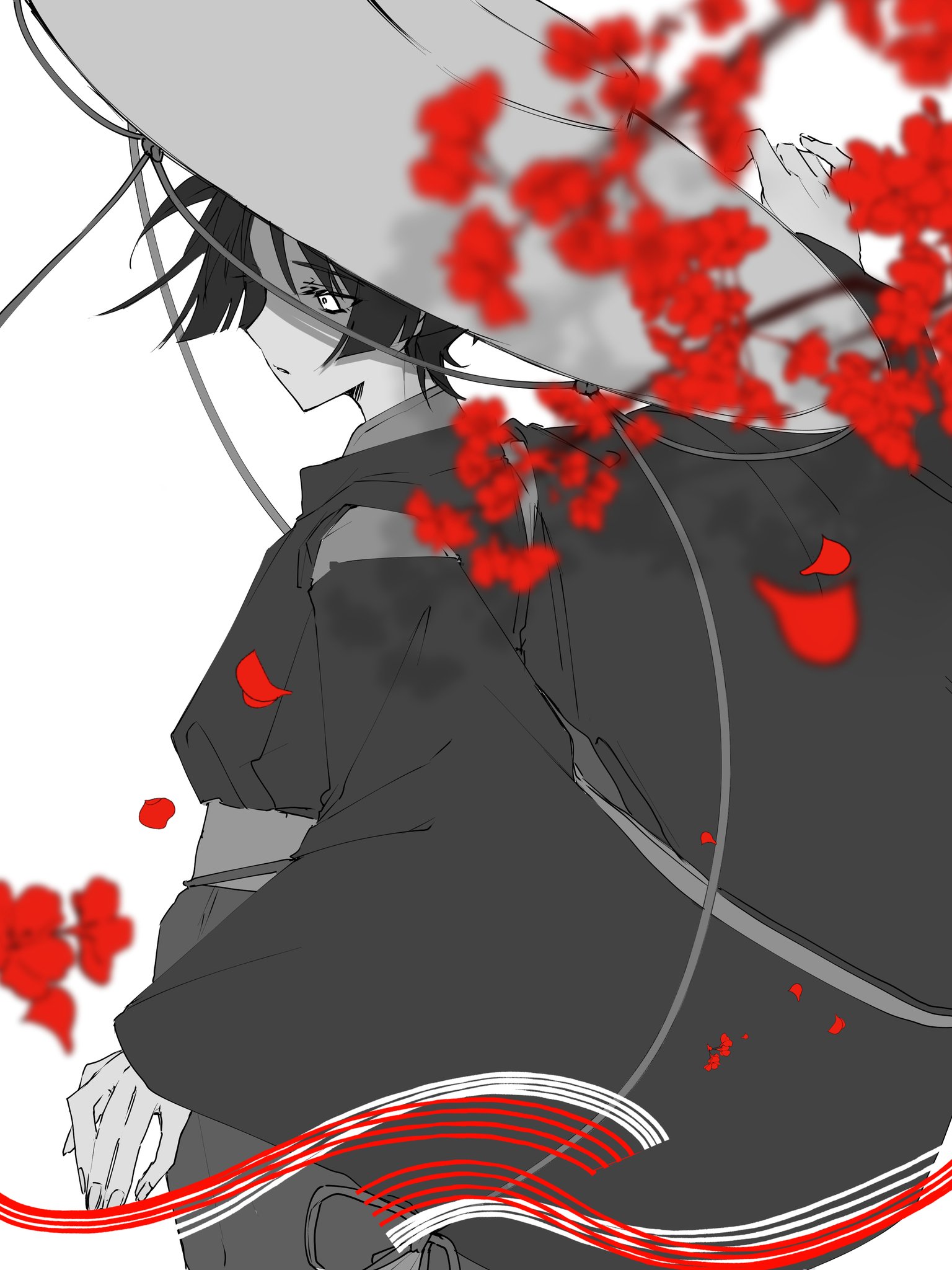 ego (ego inp), kuronushi (genshin impact), scaramouche (genshin impact), genshin impact, highres, 1boy, arm at side, arm up, blunt ends, blurry, clothing cutout, depth of field, eyelashes, flower, greyscale, ichimegasa, long sleeves, looking to the side, male focus, monochrome, pants, parted lips, plum blossoms, red flower, red petals, ribbon, sash, shaded face, shoulder cutout, solo, spot color, tsurime, upper body, white background, wide sleeves, wispy bangs