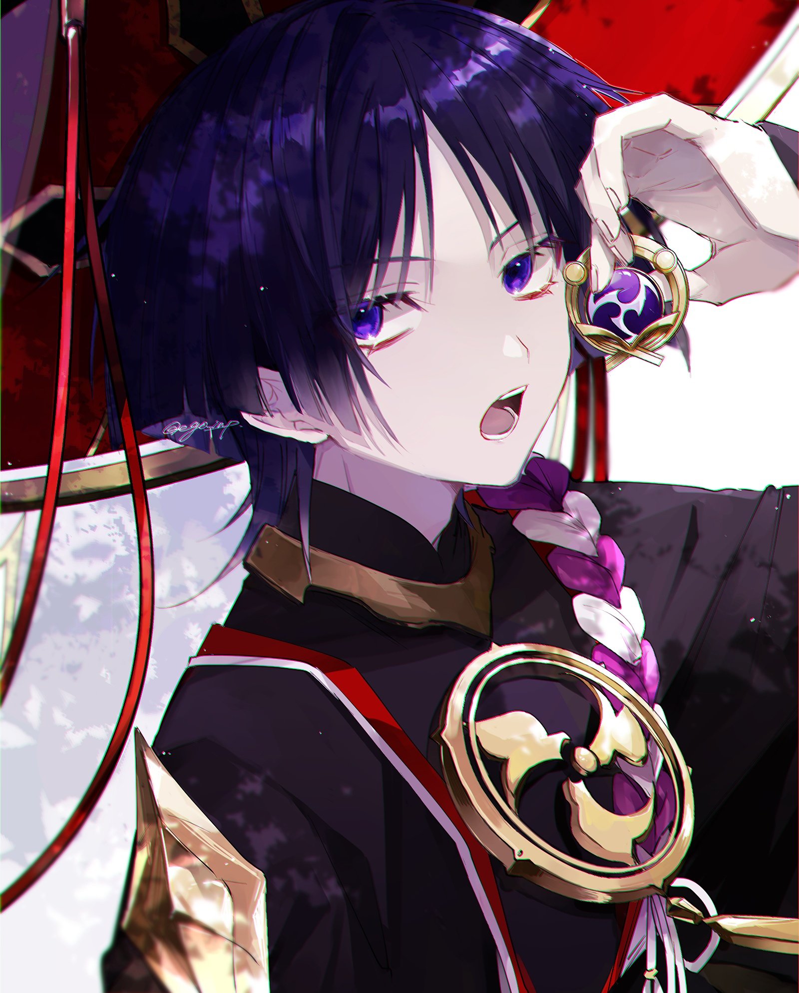 ego (ego inp), scaramouche (genshin impact), genshin impact, highres, 1boy, black kimono, blunt ends, choppy bangs, electro symbol (genshin impact), eyeliner, eyeshadow, fingernails, gold, hand up, hat, japanese clothes, jewelry, jingasa, juban, kimono, looking at viewer, makeup, male focus, mandarin collar, mitsudomoe (shape), neck ring, open clothes, open kimono, parted bangs, portrait, purple eyes, purple hair, purple rope, red eyeliner, red eyeshadow, red hat, red kimono, rope, shimenawa, single sode, solo, tassel, tomoe (symbol), tsurime, twitter username, vision (genshin impact), white background, white kimono, white rope