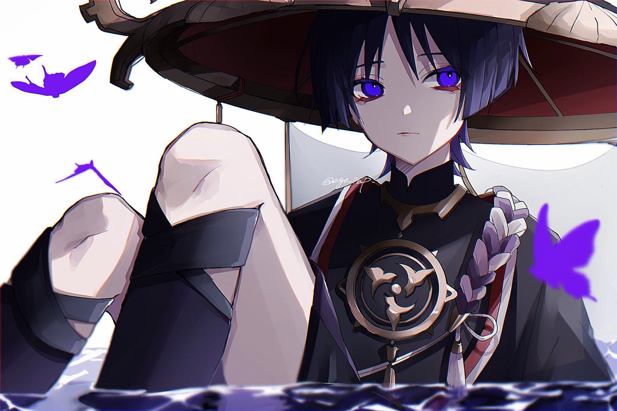ego (ego inp), scaramouche (genshin impact), genshin impact, highres, 1boy, black bodysuit, black kimono, black sleeves, blunt ends, bodysuit, colored eyelashes, eyeliner, eyeshadow, gold, gold trim, hat, japanese clothes, jewelry, jingasa, juban, kimono, knees up, looking at viewer, makeup, male focus, mandarin collar, mitsudomoe (shape), neck ring, open clothes, open kimono, purple eyes, purple hair, red eyeliner, red eyeshadow, red hat, red kimono, short sleeves, sitting, solo, tomoe (symbol), twitter username, veil, wading, water, white background, white kimono, white veil, wispy bangs