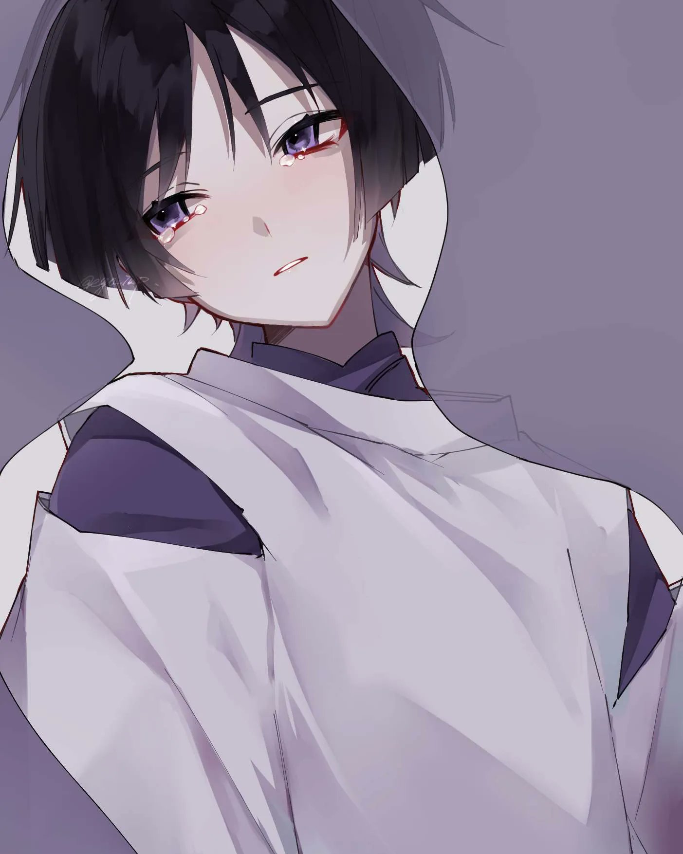 ego (ego inp), scaramouche (genshin impact), scaramouche (kabukimono) (genshin impact), genshin impact, highres, 1boy, arms at sides, blunt ends, eyeliner, eyeshadow, grey veil, head tilt, japanese clothes, kariginu, kimono, layered sleeves, lipgloss, looking to the side, makeup, male focus, mandarin collar, parted lips, purple eyes, purple kimono, purple sleeves, red eyeliner, red eyeshadow, see-through clothes, see-through veil, simple background, solo, tearing up, tears, tsurime, twitter username, upper body, veil, white mouth, white sleeves, wispy bangs
