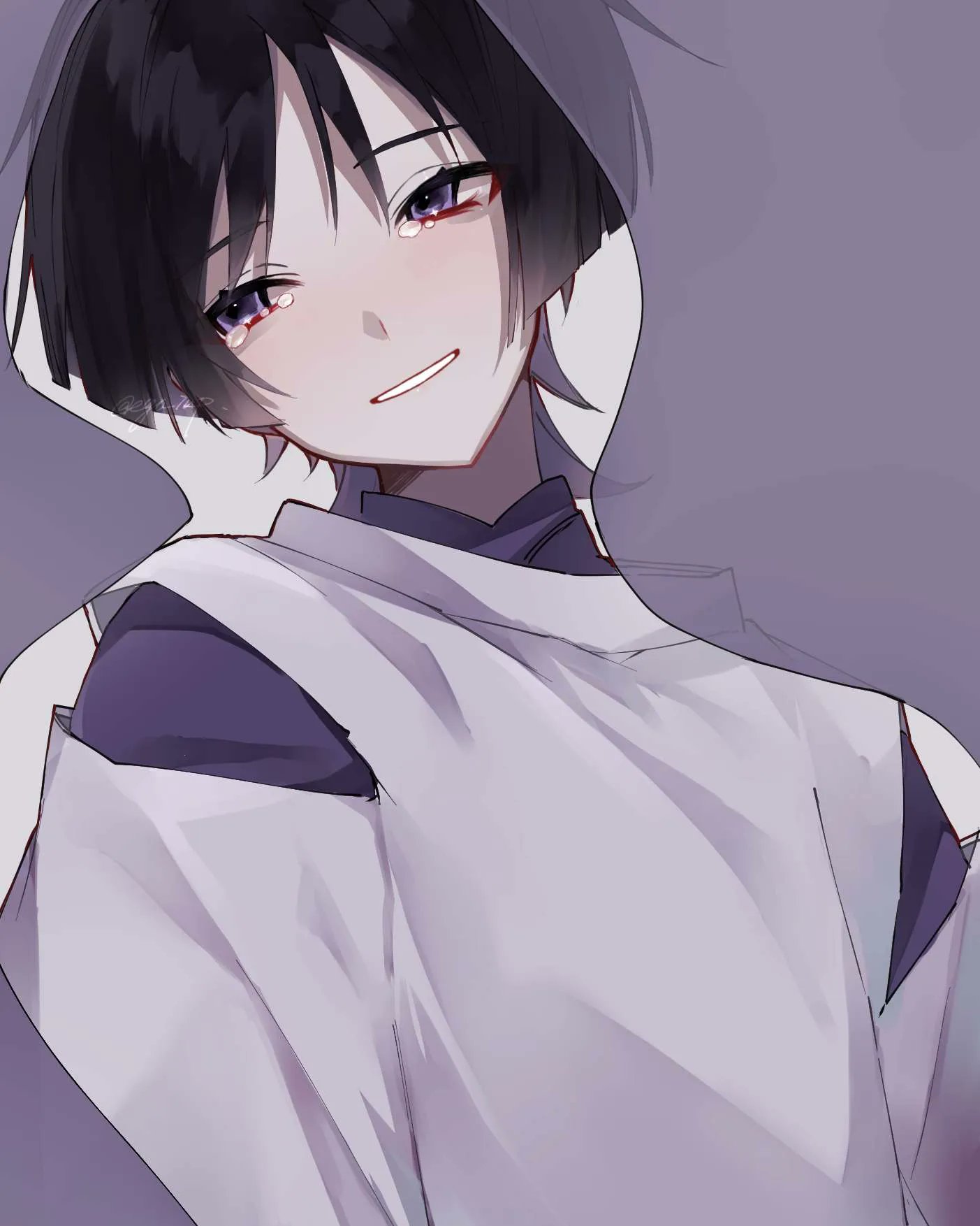 ego (ego inp), scaramouche (genshin impact), scaramouche (kabukimono) (genshin impact), genshin impact, highres, 1boy, arms at sides, blunt ends, eyeliner, eyeshadow, grey veil, head tilt, japanese clothes, kariginu, kimono, layered sleeves, lipgloss, looking to the side, makeup, male focus, mandarin collar, parted lips, purple eyes, purple kimono, purple sleeves, red eyeliner, red eyeshadow, see-through clothes, see-through veil, simple background, smile, solo, tearing up, tears, tsurime, twitter username, upper body, veil, white mouth, white sleeves, wispy bangs