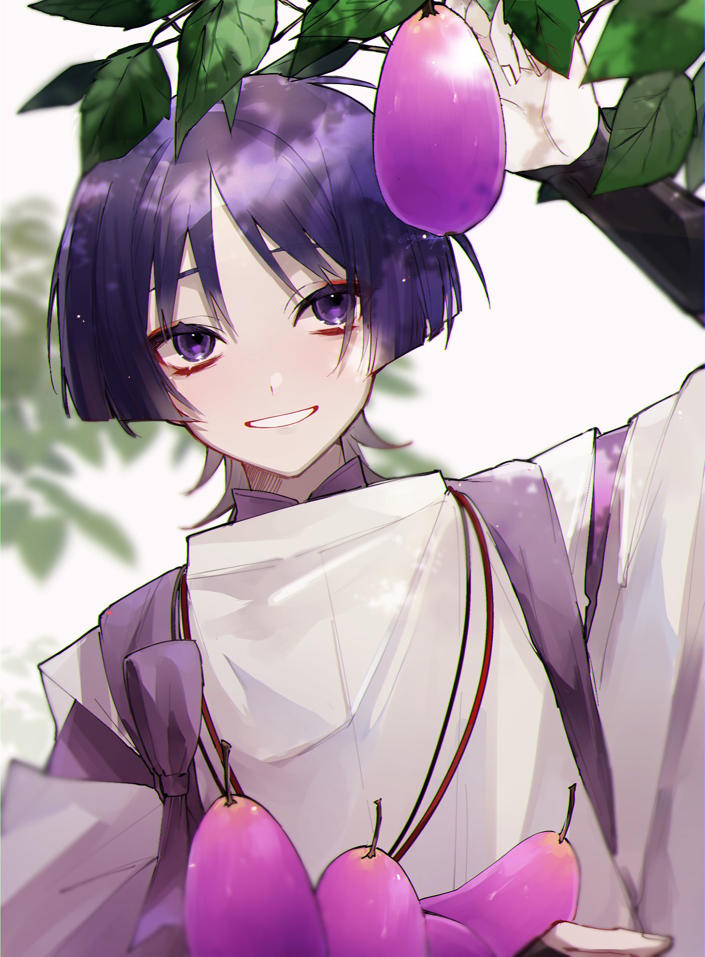 ego (ego inp), scaramouche (genshin impact), scaramouche (kabukimono) (genshin impact), genshin impact, highres, 1boy, armor, blunt ends, bow, clothing cutout, colored eyelashes, curled fingers, eyeliner, eyeshadow, fingernails, hand up, japanese armor, japanese clothes, kimono, kote, kurokote, lavender melon (genshin impact), layered sleeves, leaf, leaning to the side, looking at viewer, makeup, male focus, mandarin collar, purple bow, purple eyes, purple hair, purple kimono, purple sleeves, red eyeliner, red eyeshadow, shoulder cutout, solo, tasuki, tree shade, tsurime, upper body, white sleeves, wispy bangs