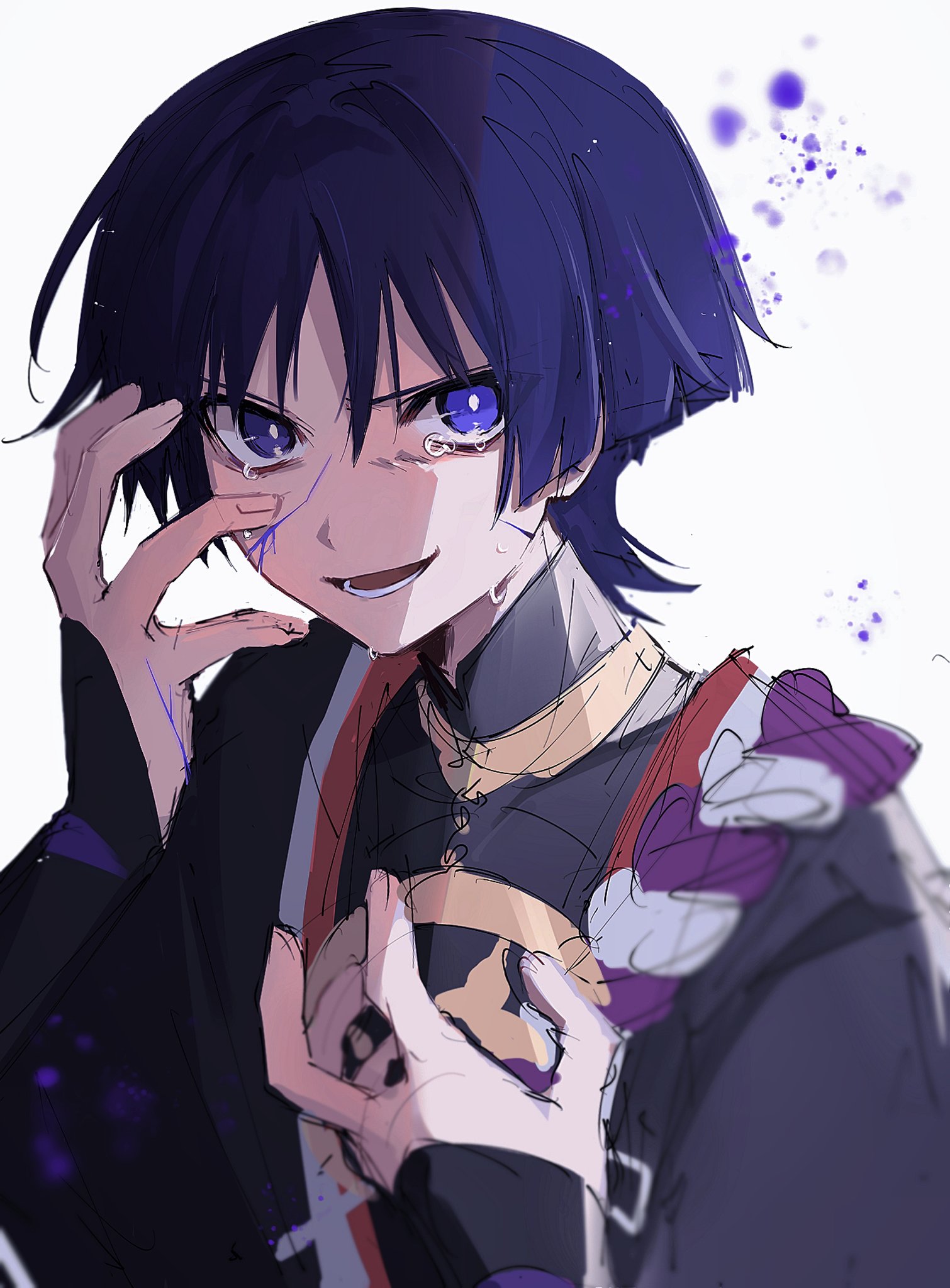 ego (ego inp), scaramouche (genshin impact), genshin impact, highres, 1boy, armor, black bodysuit, black kimono, black sleeves, bleeding, blood, blood on face, blood on hands, blunt ends, bodysuit, bright pupils, cracked skin, crying, crying with eyes open, gold, hands up, japanese armor, japanese clothes, jewelry, juban, kimono, kote, kurokote, looking at viewer, lower teeth only, male focus, mandarin collar, neck ring, open clothes, open hands, open kimono, open mouth, purple eyes, purple hair, purple rope, red kimono, rope, shimenawa, sidelighting, sketch, solo, tears, teeth, tongue, tsurime, upper body, white background, white kimono, white pupils, white rope, wispy bangs