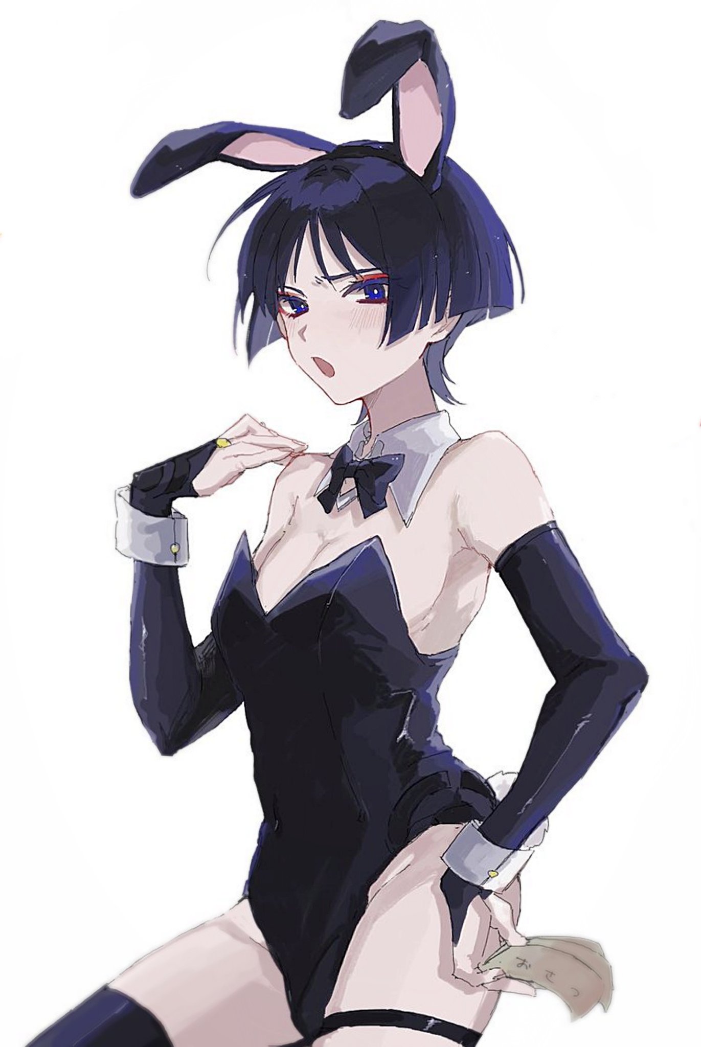 ego (ego inp), scaramouche (genshin impact), genshin impact, highres, 1boy, alternate costume, animal ear hairband, animal ears, arm at side, black bow, black bowtie, black bridal gauntlets, black hair, black hairband, black leotard, black thighhighs, blunt ends, blush, bow, bowtie, bridal gauntlets, bright pupils, bulge, collar, colored inner hair, covered navel, detached collar, embarrassed, eyelashes, eyeliner, eyeshadow, fake animal ears, fake tail, gold ring, grey hair, groin, hair intakes, hairband, hand on own hip, hand up, highleg, highleg leotard, holding, leotard, looking at viewer, makeup, male focus, male playboy bunny, middle ring, multicolored hair, pectorals, purple eyes, purple hair, rabbit ears, rabbit tail, red eyeliner, red eyeshadow, sketch, solo, strapless, strapless leotard, tail, thigh strap, thighhighs, tsurime, white background, white collar, white pupils, white wrist cuffs, wispy bangs, wrist cuffs