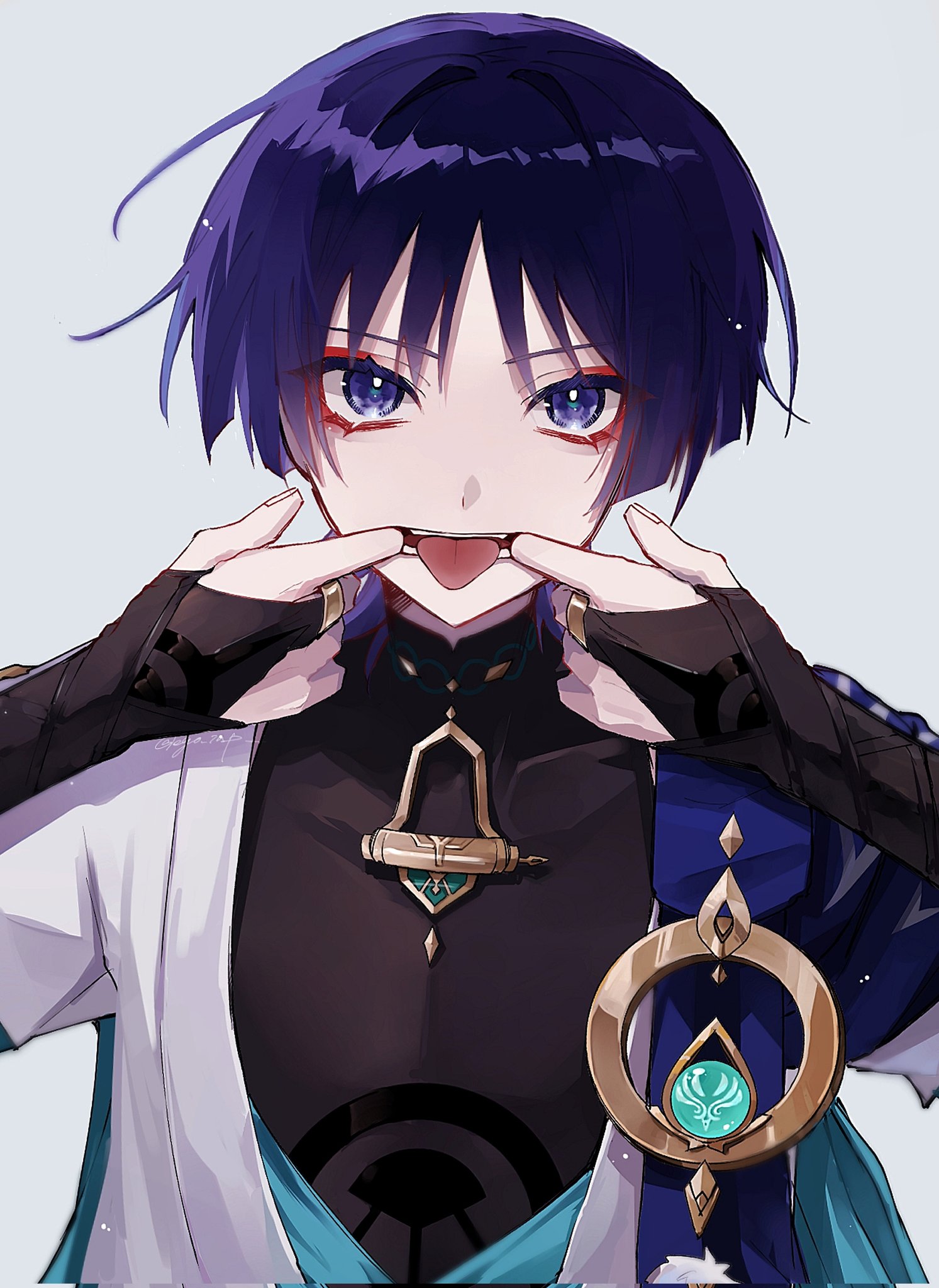 ego (ego inp), scaramouche (genshin impact), wanderer (genshin impact), genshin impact, highres, 1boy, anemo symbol (genshin impact), aqua gemstone, black bodysuit, black bridal gauntlets, blue cape, blue kimono, blunt ends, bodysuit, bridal gauntlets, cape, colored eyelashes, covered collarbone, eyeliner, eyeshadow, finger in own mouth, fingernails, gem, gold, gold ring, hair intakes, hands up, japanese clothes, juban, kimono, looking at viewer, makeup, male focus, mandarin collar, middle ring, mouth pull, open clothes, open kimono, pom pom (clothes), purple eyes, purple hair, red eyeliner, red eyeshadow, solo, tsurime, twitter username, upper body, white background, white kimono, white trim, wispy bangs