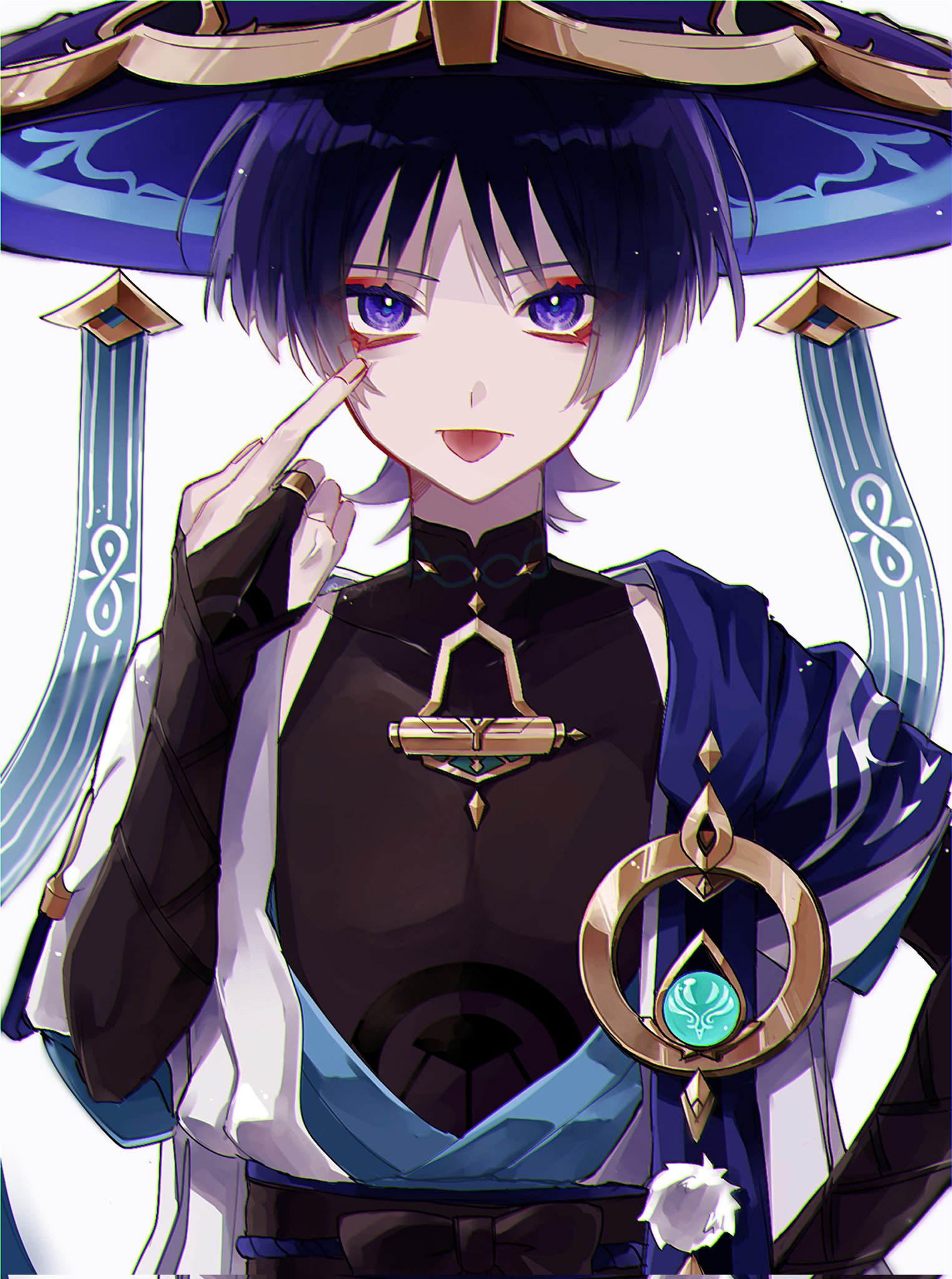 ego (ego inp), scaramouche (genshin impact), wanderer (genshin impact), genshin impact, highres, 1boy, :p, akanbe, anemo symbol (genshin impact), aqua gemstone, arm at side, belt, black belt, black bodysuit, black bow, black bridal gauntlets, blue cape, blue hat, blue kimono, blue rope, blue sash, blue sleeves, blunt ends, bodysuit, bow, bridal gauntlets, bright pupils, cape, covered collarbone, eyelashes, eyelid pull, eyeliner, eyeshadow, finger to eye, gem, gold, gold ring, hand up, hat, index finger raised, japanese clothes, jingasa, juban, kimono, layered sleeves, makeup, male focus, mandarin collar, middle ring, open clothes, open kimono, pom pom (clothes), purple eyes, purple hair, red eyeliner, red eyeshadow, rope, sash, short sleeves, shoulder peek, solo, straight-on, tongue, tongue out, upper body, white background, white kimono, white pupils, white sleeves, white trim, wispy bangs